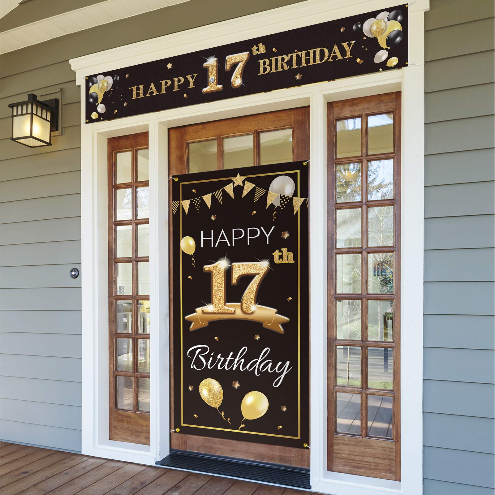 PAKBOOM Happy 17th Birthday Door Cover Porch Banner Sign Set - 17 Years Old Birthday Decorations Party Supplies for Boys - Black