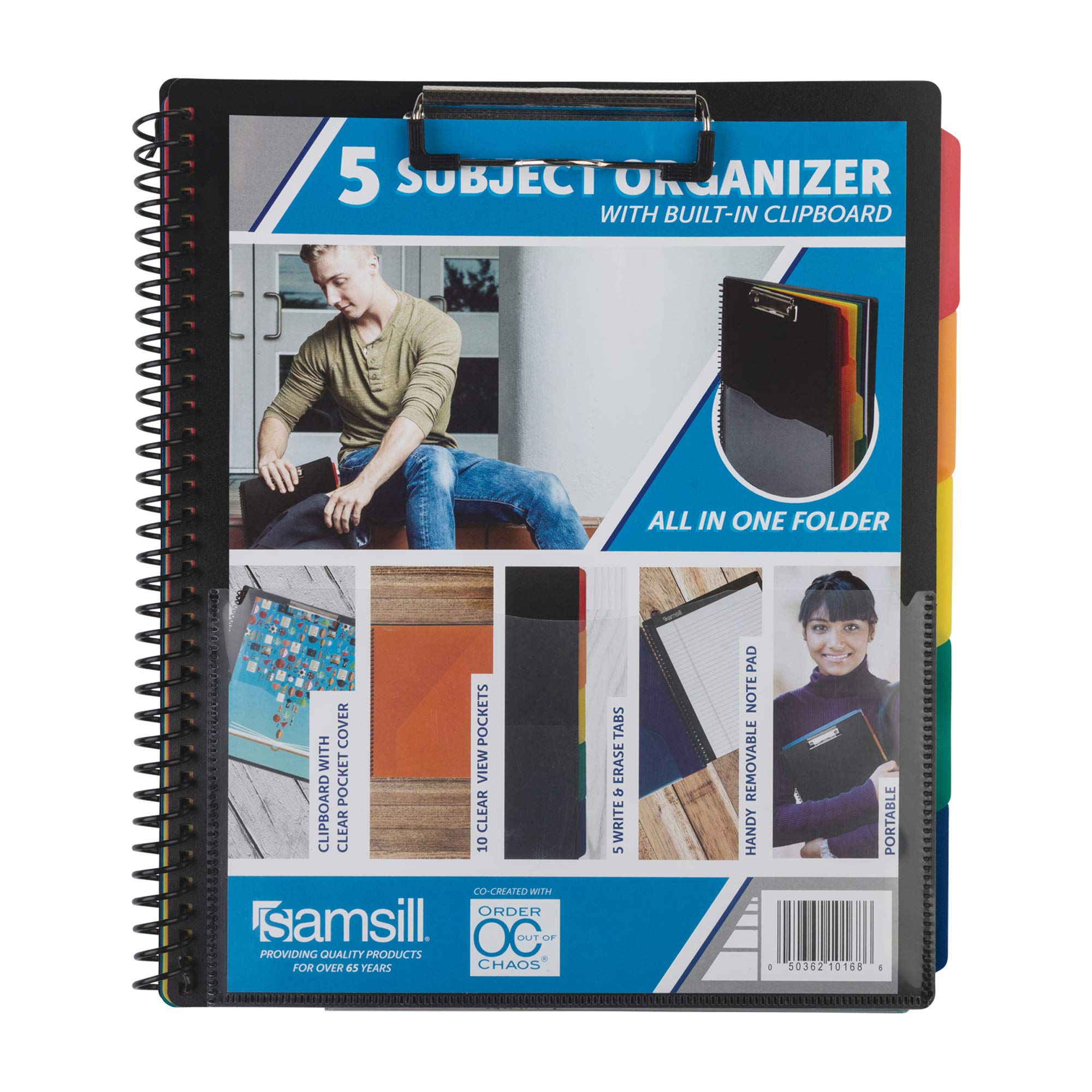 Samsill 5 Subject Spiral School Organizer With Clipboard And Removable Notepad, All-In-One Folder, 5 Dividers With 10 Pockets, M