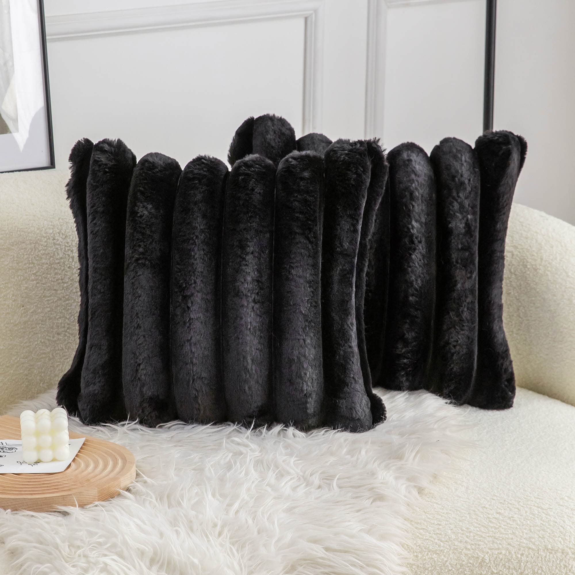 Neelvin Black Faux Fur Cozy Soft Striped Decorative Throw Pillow Covers 24X24 Inch Set Of 2,Velvet Pillowcase Cushion Case For S