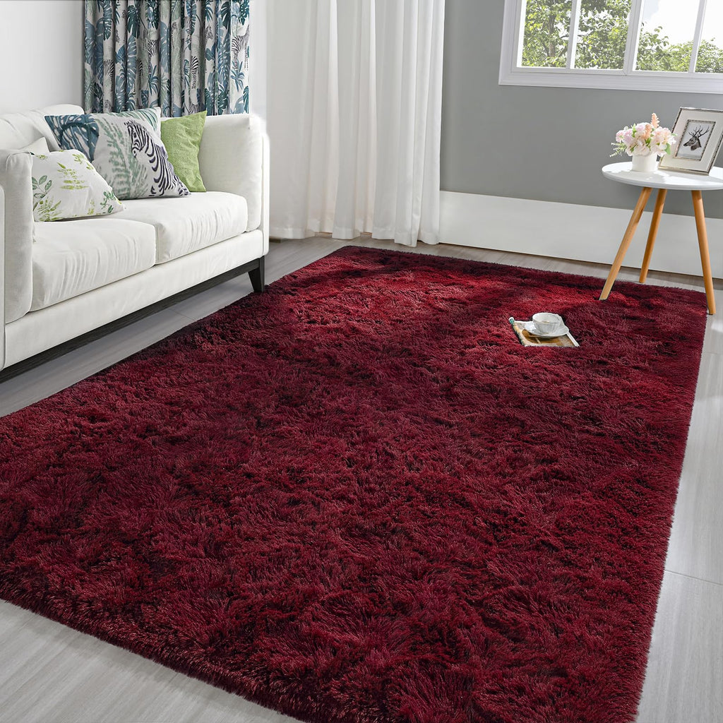 Pettop Fluffy Burgundy Rug for Bedroom Living Room, 3x5 Feet Rectangle Rug Plush Fuzzy Carpet for Girls Kids Boys, Non-Slip and 
