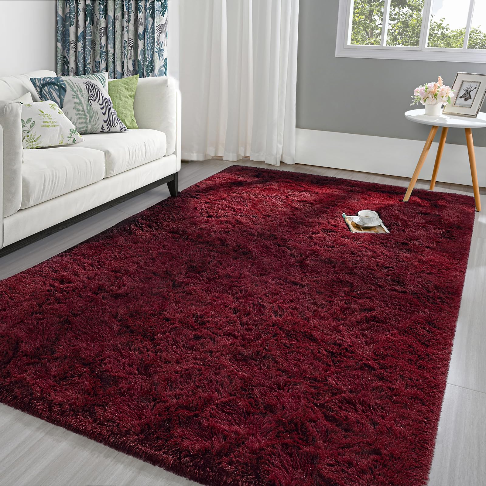 Pettop Fluffy Burgundy Rug for Bedroom Living Room, 3x5 Feet Rectangle Rug Plush Fuzzy Carpet for Girls Kids Boys, Non-Slip and 