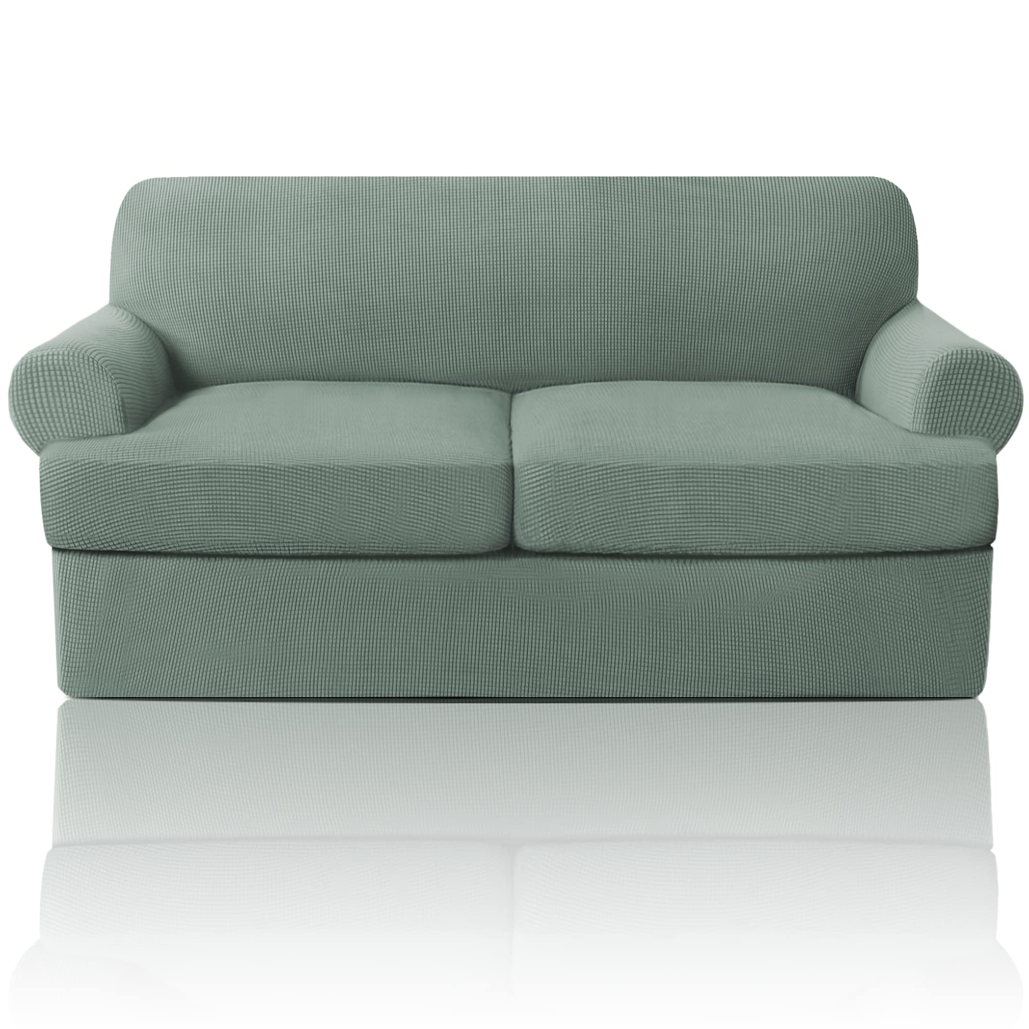 Princedeco T Cushion Loveseat Slipcover 3 Pieces Sofa Covers For T Cushion Sofa Stretch Sofa Covers For 2 Cushion Couch With 2 Individual T Cushion Shape Seat Covers Machine Washable, Sage