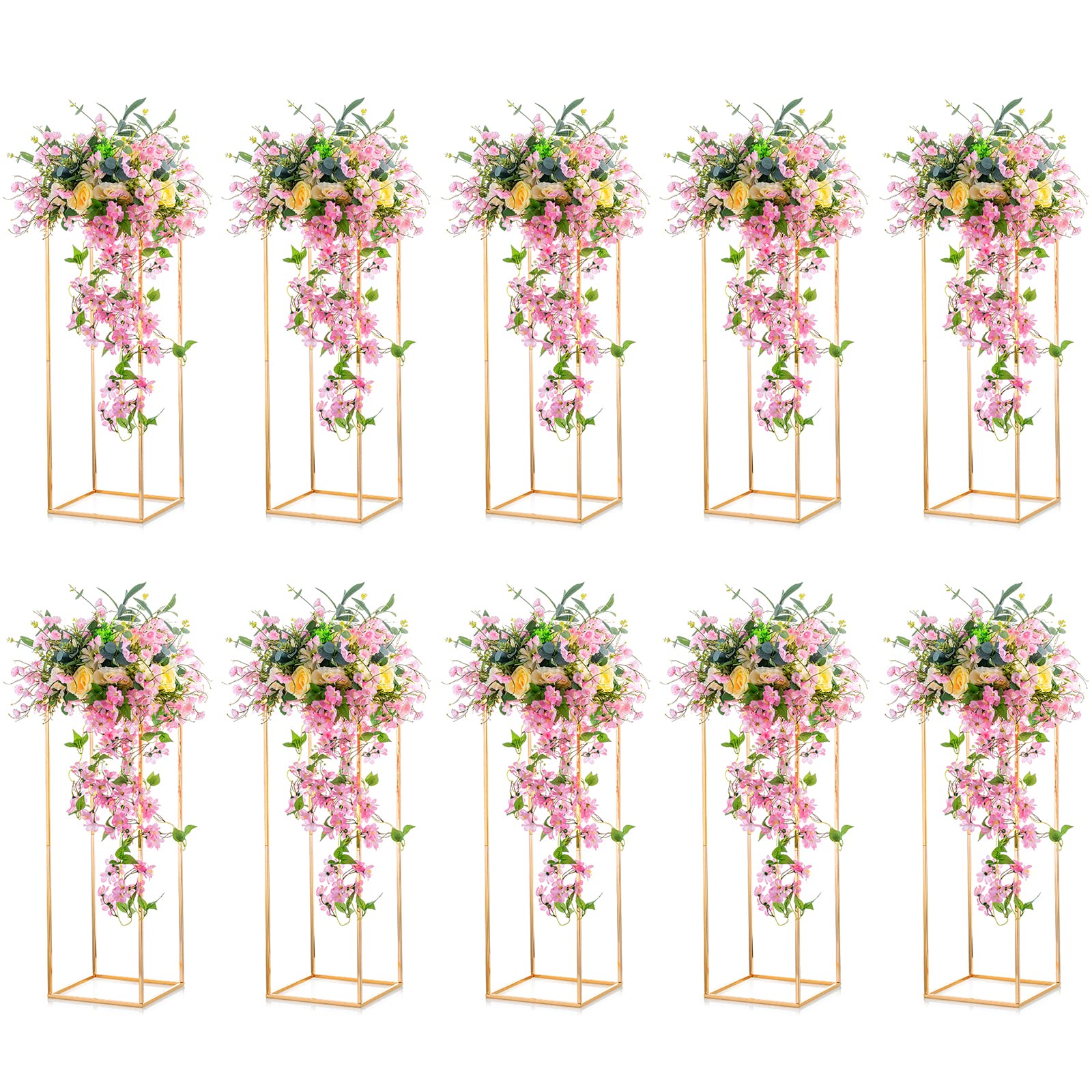Nuptio 10 Pcs Gold Vase Metal Column Stand Road Lead Geometric Centerpiece Vase for Tables, 31 inch Tall Floor Vases Decorative 