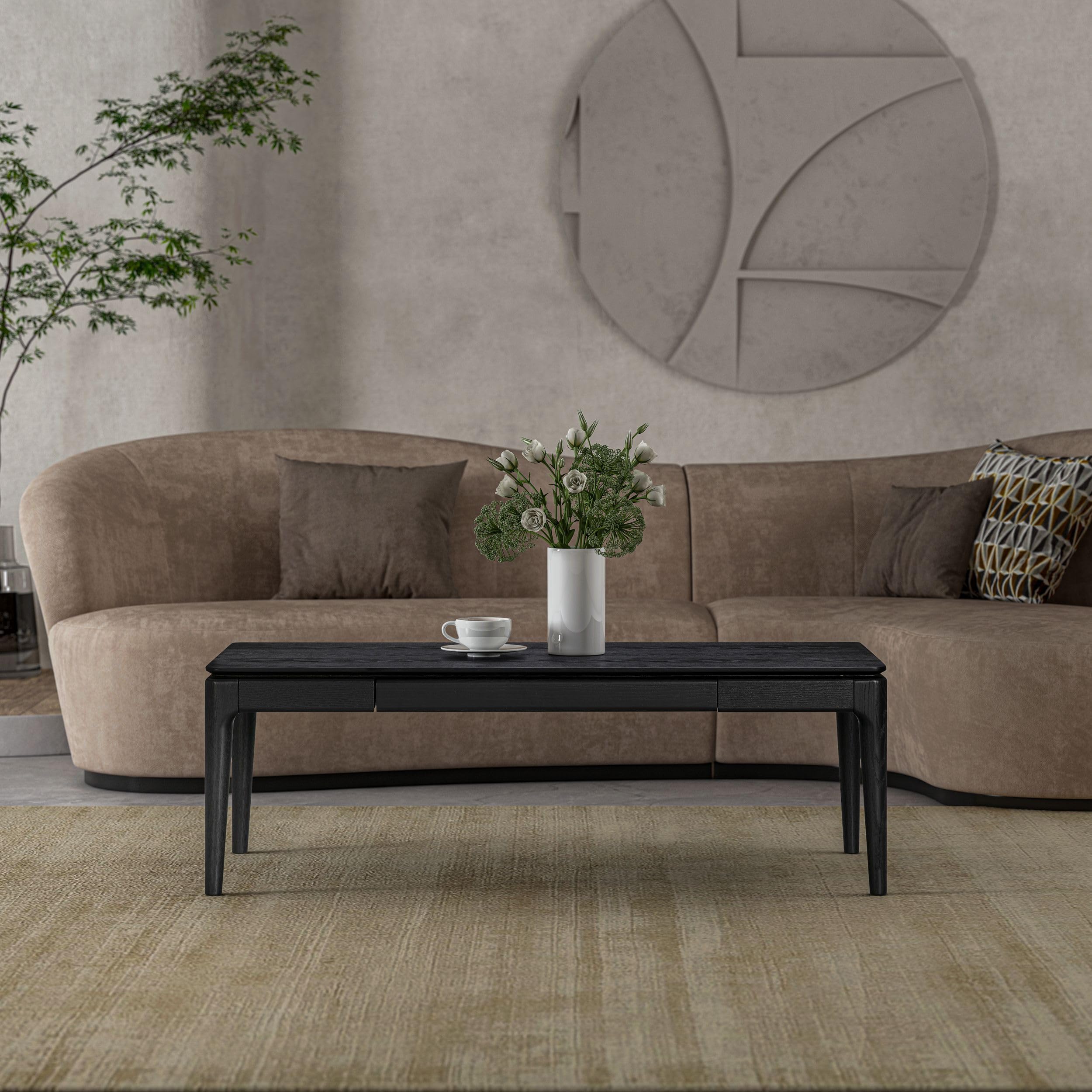 Ntc Mingle Modern Wooden Rectangle Coffee Table With Hidden Drawer - Waterproof & Heat Resistant, Burnt Black