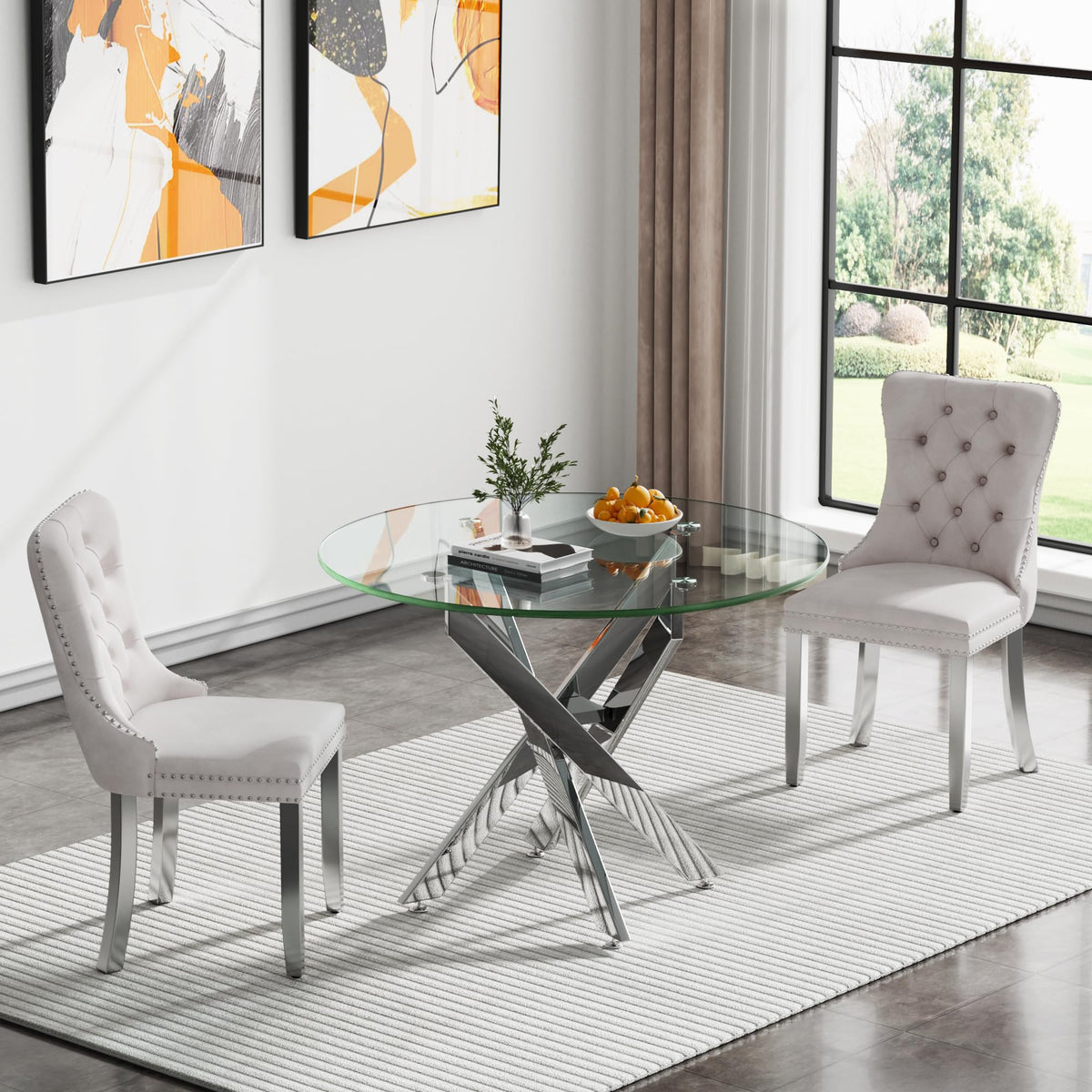 Kuvadaz 36' Modern Silver Glass Dining Room Table Set For 2, 3-Piece Round Kitchen Dining Table Set With Cross Metal Legs And 2