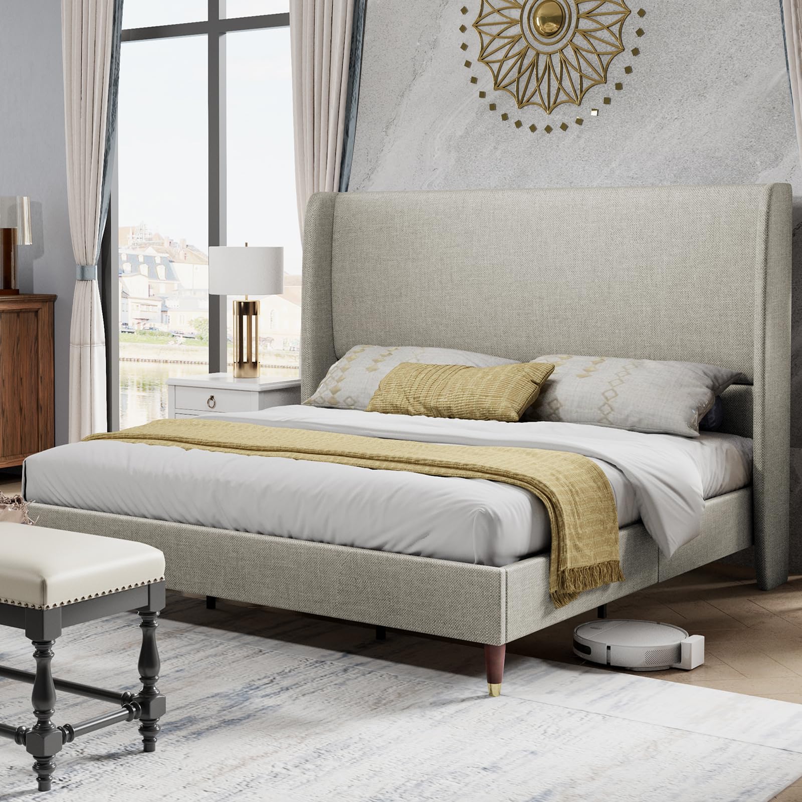 PaPaJet Full Platform Bed Frame 51.2'' High Headboard Tall Upholstered Bed/No Box Spring Required/Wood Slat Support/Easy Assembl