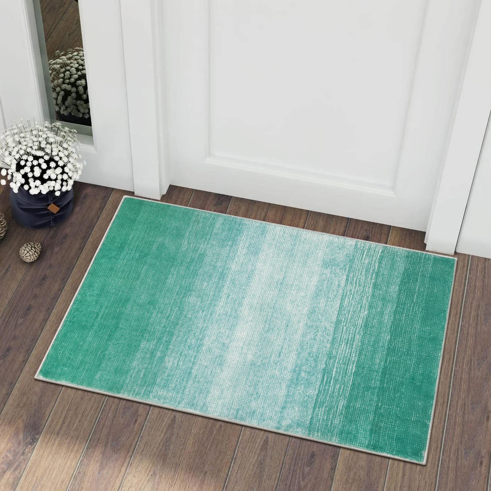 Wonnitar Modern Ombre Small 2x3 Rug, Washable Green Kitchen Sink Rugs, Non-Slip Abstract Soft Bathroom Throw Mat, Non-Shedding G