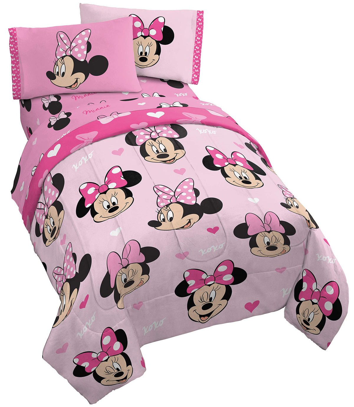Disney Minnie Mouse Hearts N Love 5 Piece Full Size Bed Set - Includes Reversible Comforter & Sheet Set - Super Soft Fade Resist