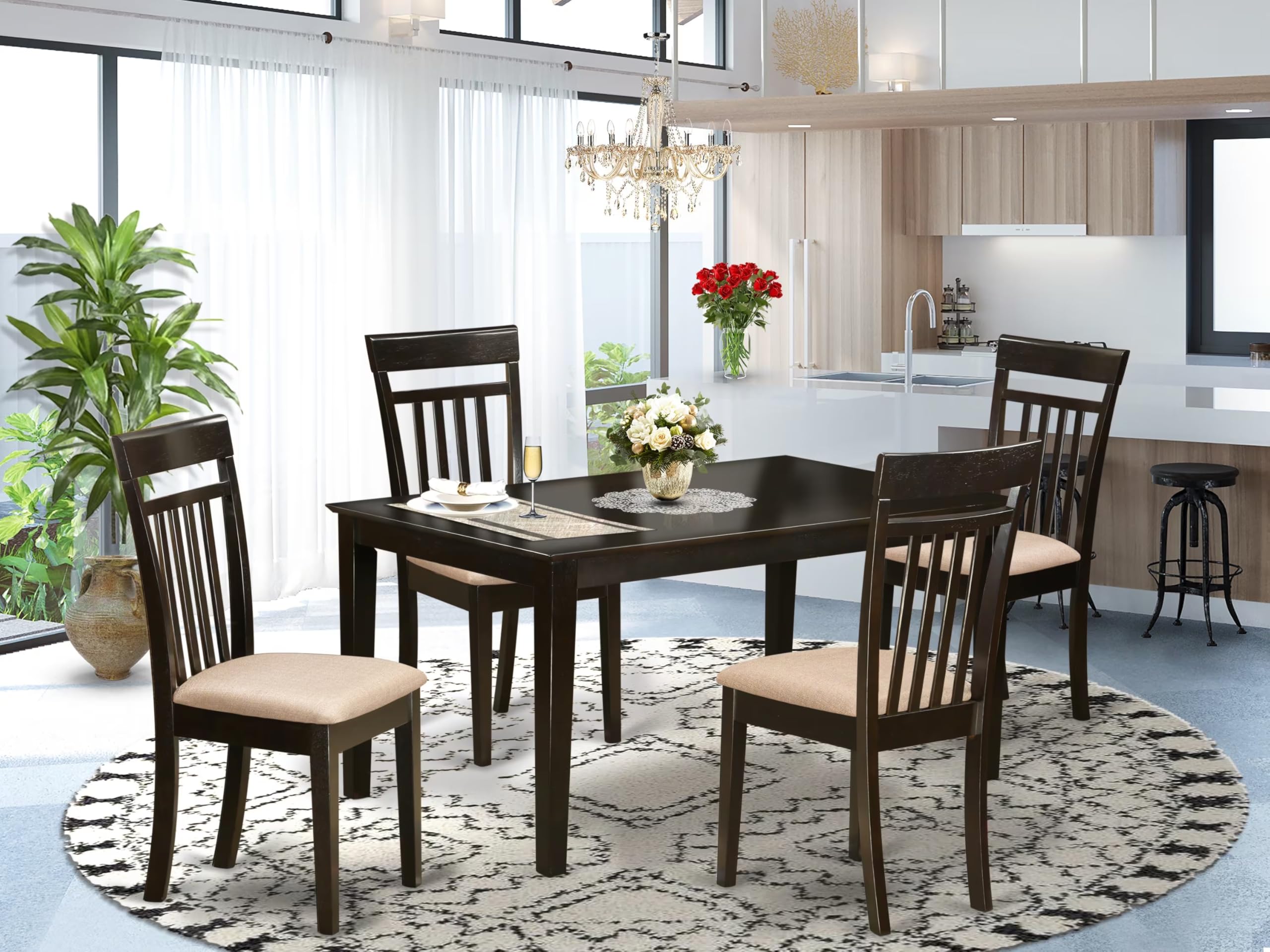 East West Furniture CAP5S-CAP-C 5 Piece Kitchen Table Set for 4 Includes a Rectangle Dining Table and 4 Linen Fabric Dining Room Chairs, 36x60 Inch, Cappuccino