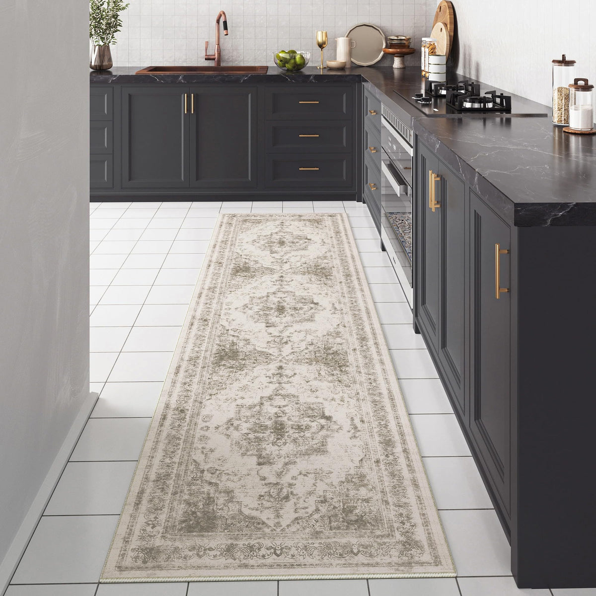 PureCozy Runner Rug 2x8 Vintage Hallway Area Rug Indoor Bedroom Rug Taupe Medallion Washable Living Room Carpet Retro Accent Thr