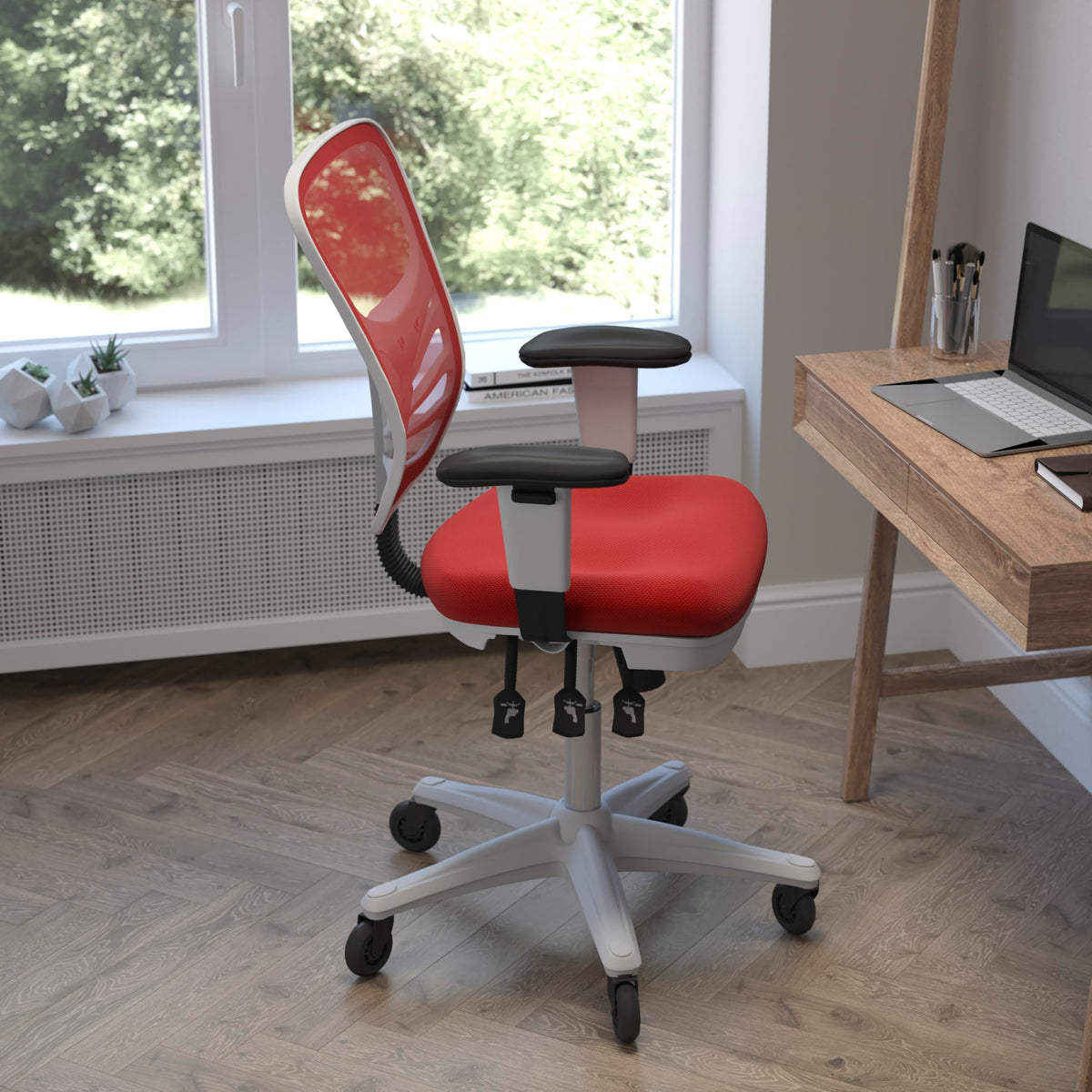Flash Furniture Nicholas Mid-Back Red Mesh Multifunction Executive Ergonomic Office Chair With Adjustable Arms, Transparent Roller Wheels, And White Frame