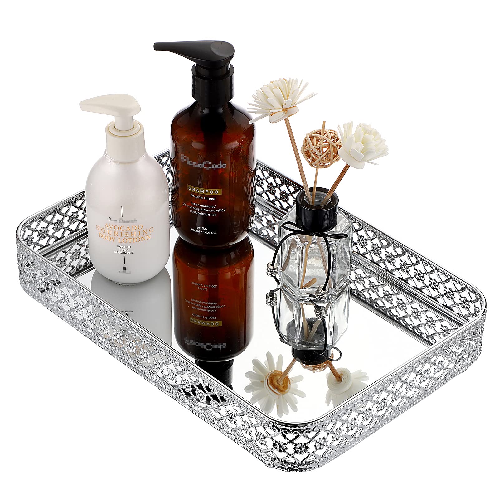 ELLDOO Perfume Tray Mirror Tray Vanity Makeup Hollow-Carved Jewelry Tray Glass Metal Trinket Storage Tray Home Decor Organizer T