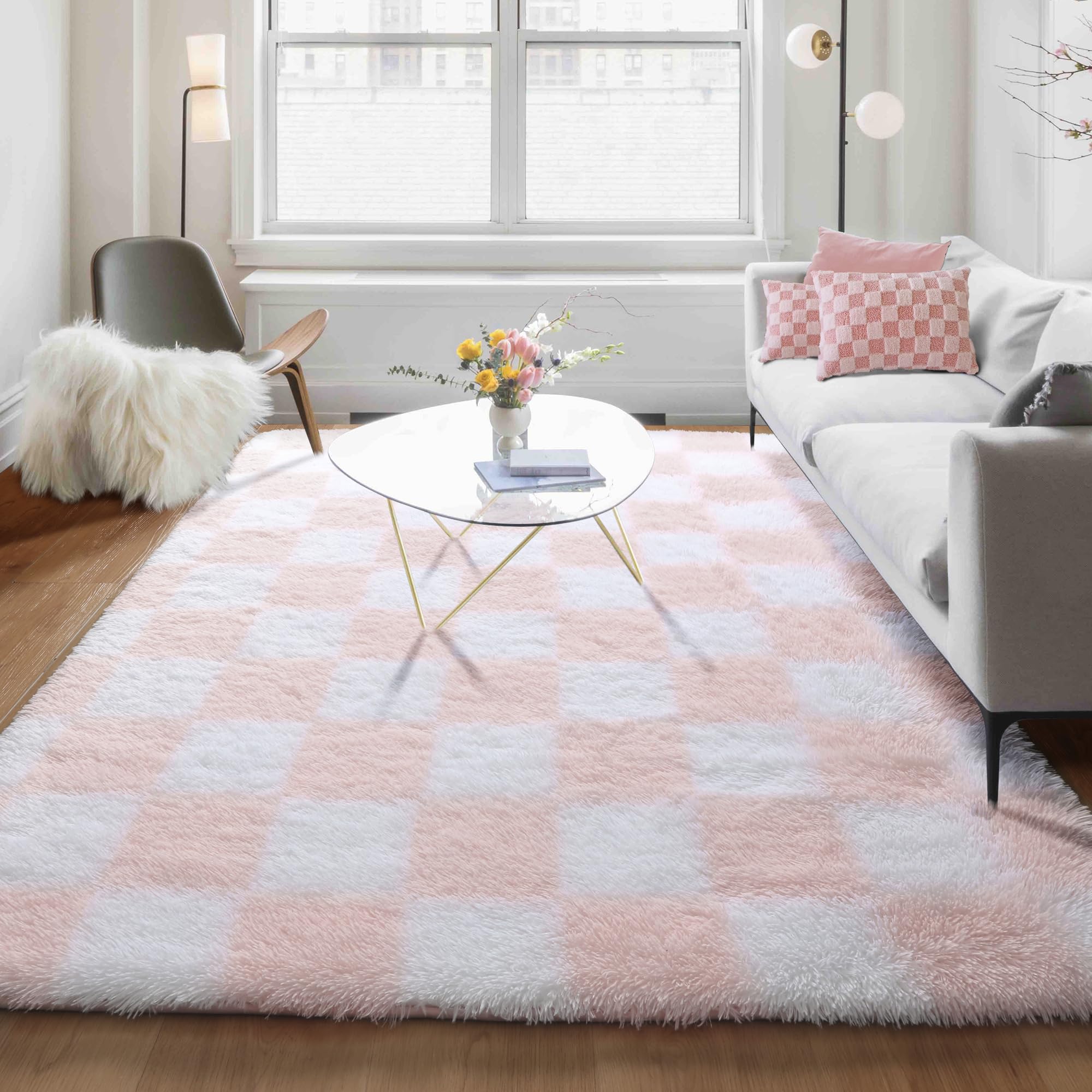 KICMOR 5x8 Area Rugs for Living Room, Light Pink and White Fluffy Shag Large Fuzzy Plush Soft Bedroom Carpets, Indoor Floor Shag