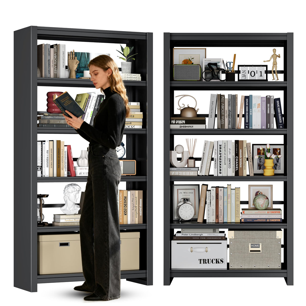 OSKEBABO Bookshelf, 34 in Wide 5Tier Metal Bookcase, 150 lbs Per Shelf Modern Style Bookshelves for Living Room, Home Office, B