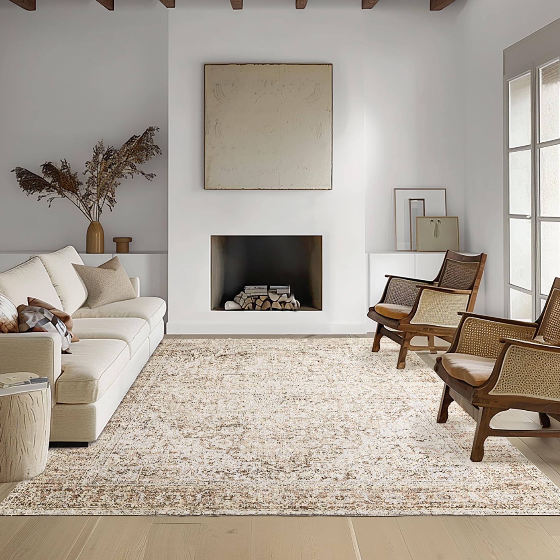 BILEEHOME 8x10 Washable Large Area Rugs for Living Room,Neutral Boho Modern Farmhouse Rug for Bedroom,Beige Tan