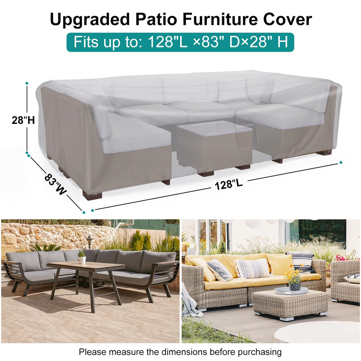 Brosyda Patio Furniture Set Cover Waterproof, Heavy Duty 600D Funiture Covers For Outdoor Sectional Sofa Set Wicker Rattan Table Chair Rectangular,128' L×83' W×28' H,Grey