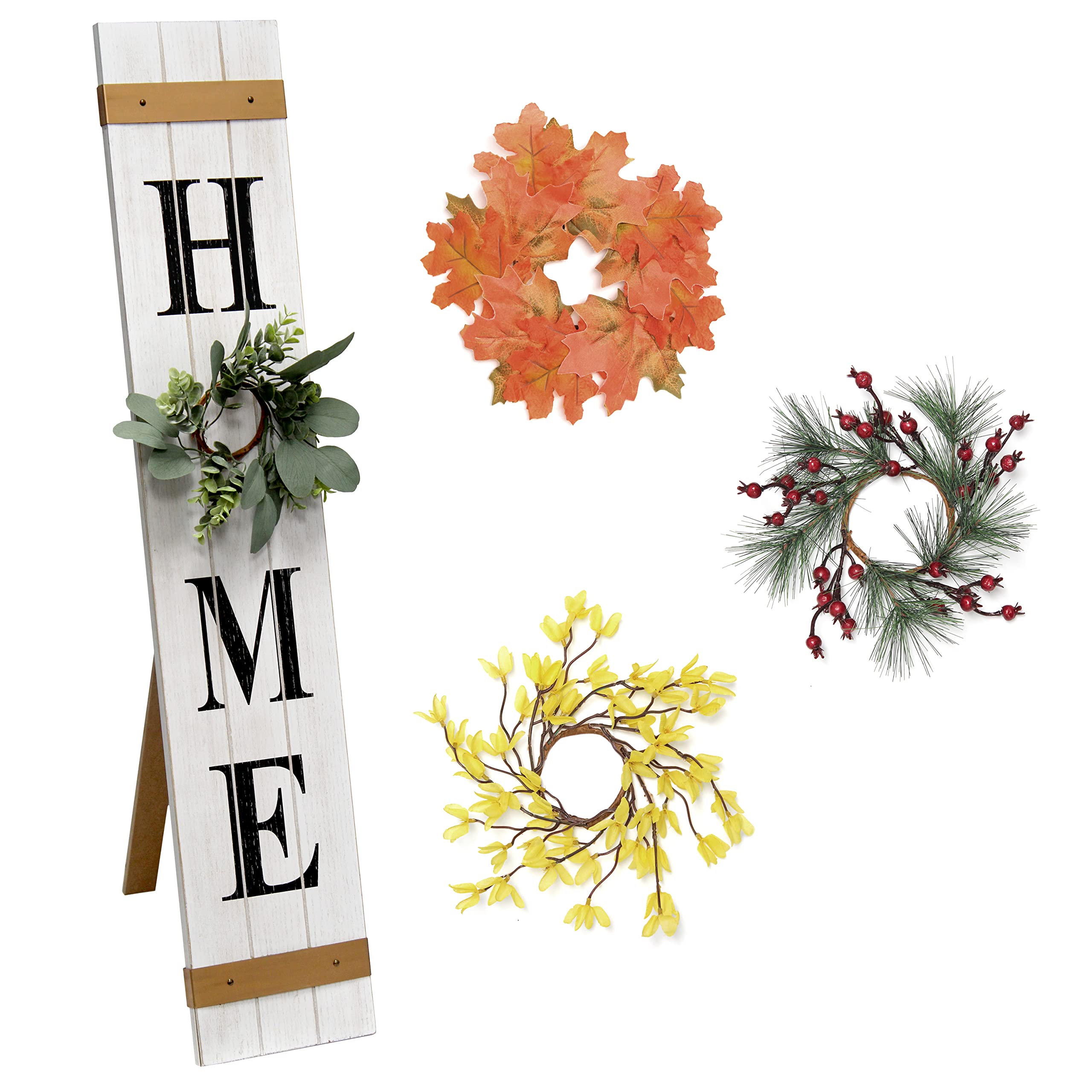 Elegant Designs Hg2011-Wbk Seasonal Wooden Home Porch Welcome Sign With 4 Interchangeable Floral Wreaths Decorative Accent Frame, White Wash