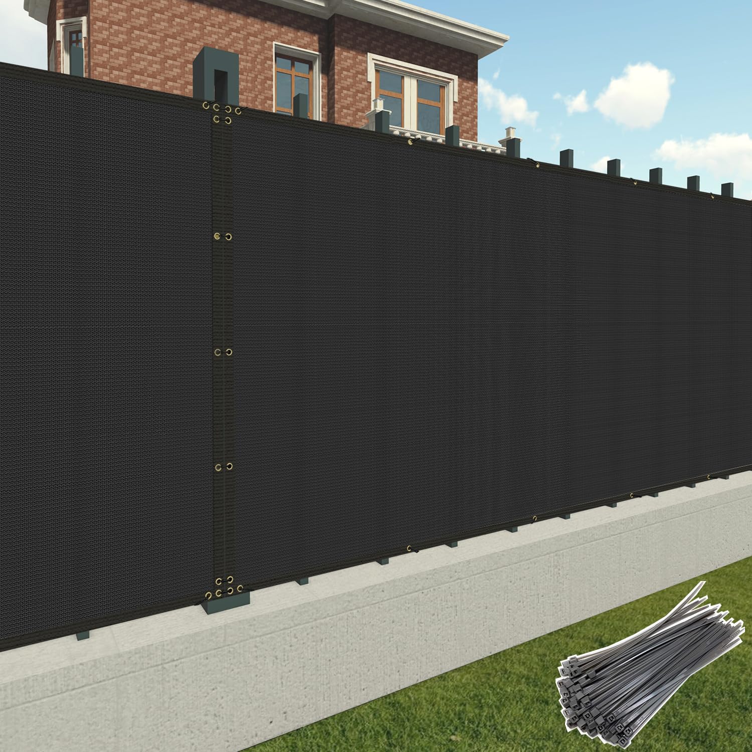 Patio Paradise 4' X 50' Black Fence Privacy Screen, Commercial Outdoor Backyard Shade Windscreen Mesh Fabric With Brass Gromment