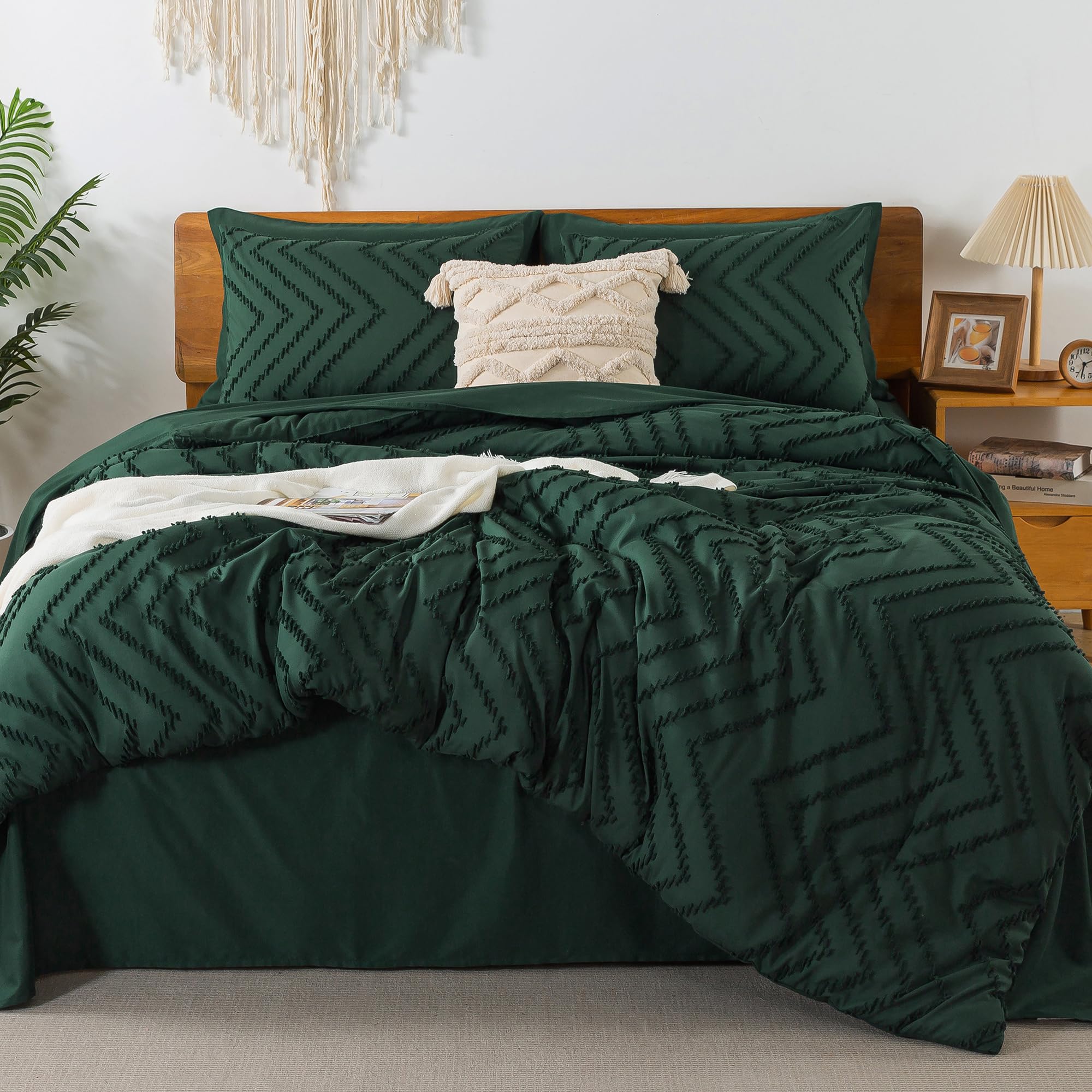Litanika Oversized King Size Comforter Set With Sheets Dark Emerald Green - 7 Pieces Bed In A Bag Oversized King Boho Tufted Com