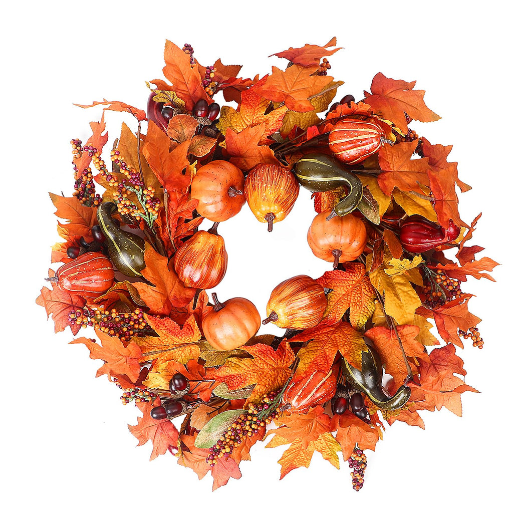 24 Inch Fall Wreath for Front Door Outside, Pumpkin Wreath with Maple, Acorn, Grain, Artificial Autumn Wreaths for Halloween Tha