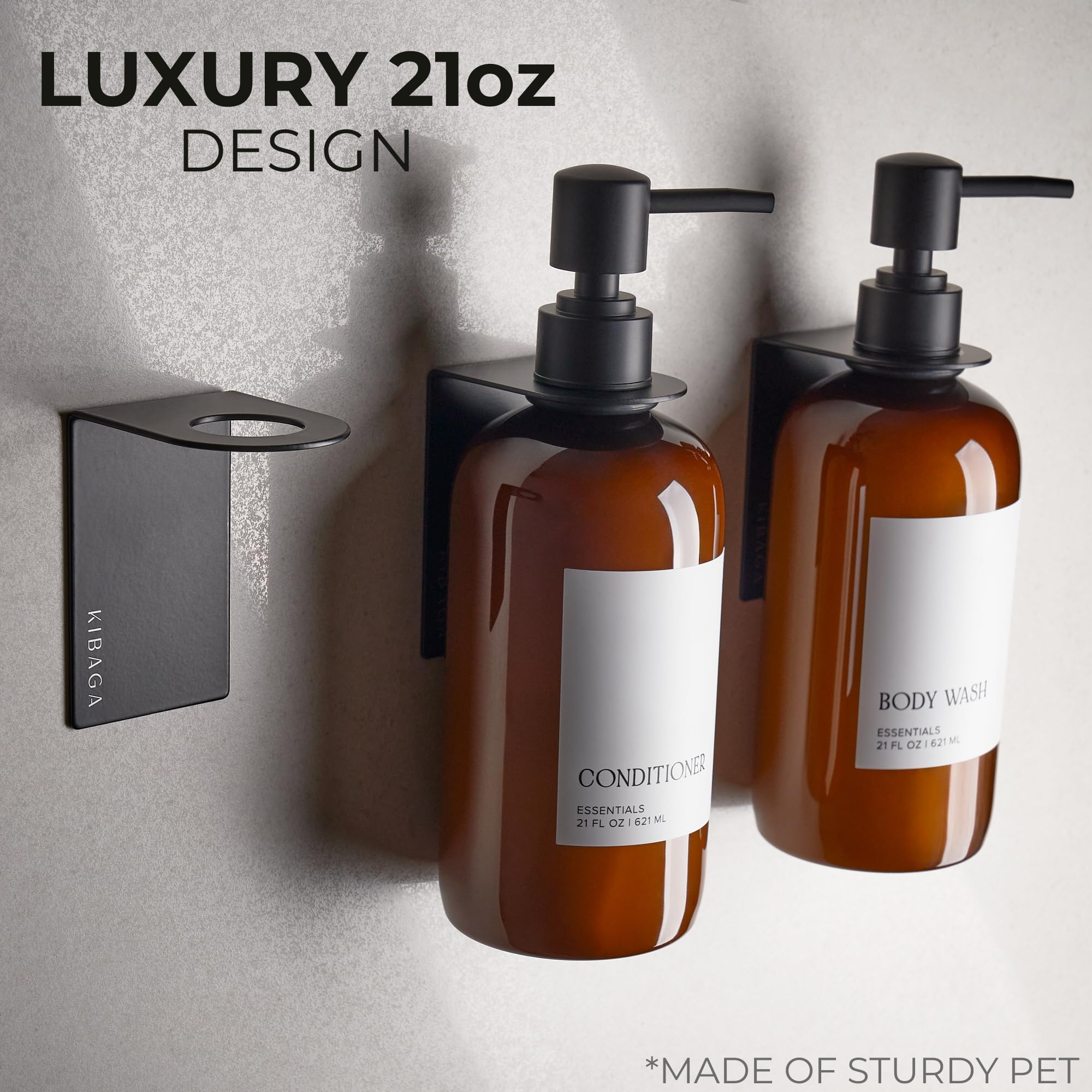 Stylish Shampoo And Conditioner Dispenser Set Of 3 For Wall Mount - Modern Drill Free 21Oz Shower Soap Bottles With Labels - Eas