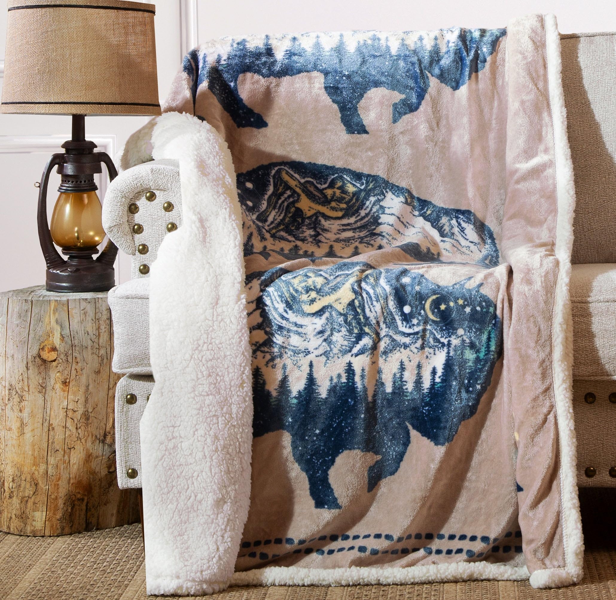 Carstens, Inc. Ultra Premium Super Soft Plush Sherpa Fleece Oversized Throw Blanket 54' X 68', Three Buffalo