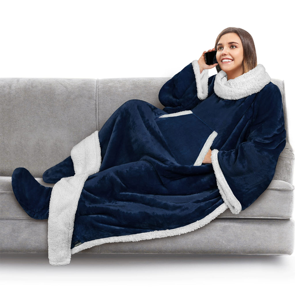 PAVILIA Sherpa Blanket with Sleeves and Foot Pocket Women Men Adult, Fleece Wearable Blanket Sleeved Throw Wrap, Thick Hug Sleep