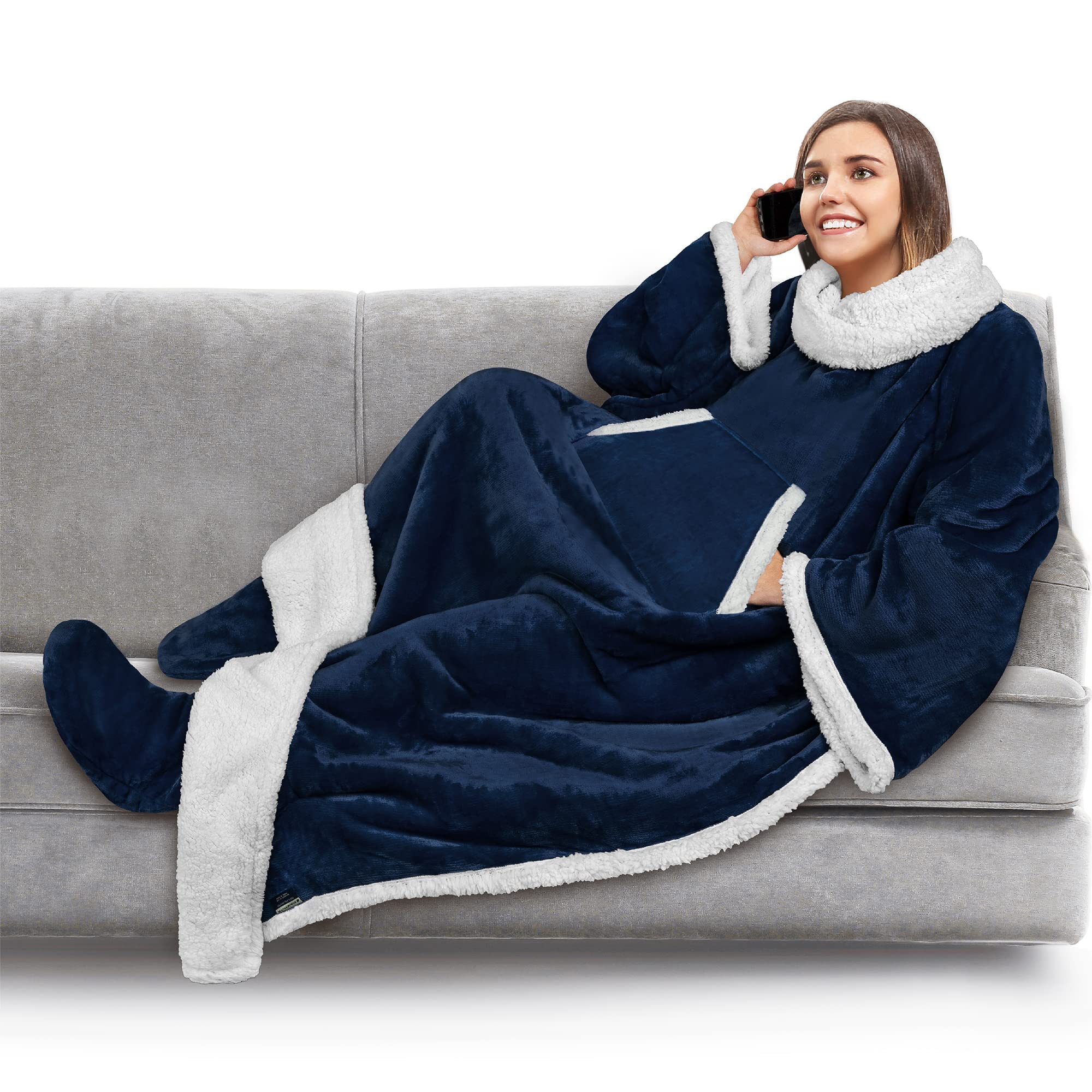 PAVILIA Sherpa Blanket with Sleeves and Foot Pocket Women Men Adult, Fleece Wearable Blanket Sleeved Throw Wrap, Thick Hug Sleep