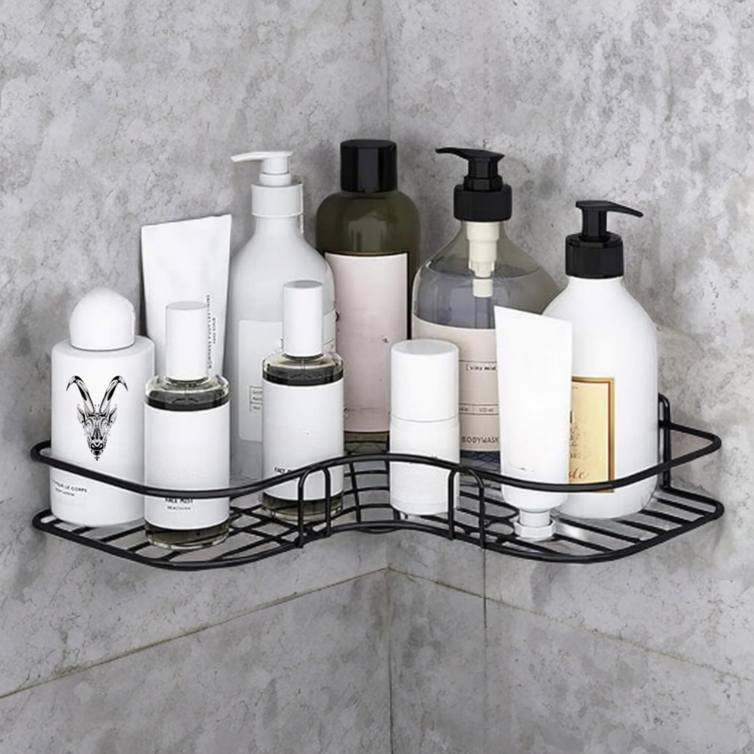 Xtarx Corner Bathroom Shelf, Black Metal Storage Rack, 21 X 21 X 6 Cm, NoDrill Adhesive Wall Mount, 2Tier Organiser
