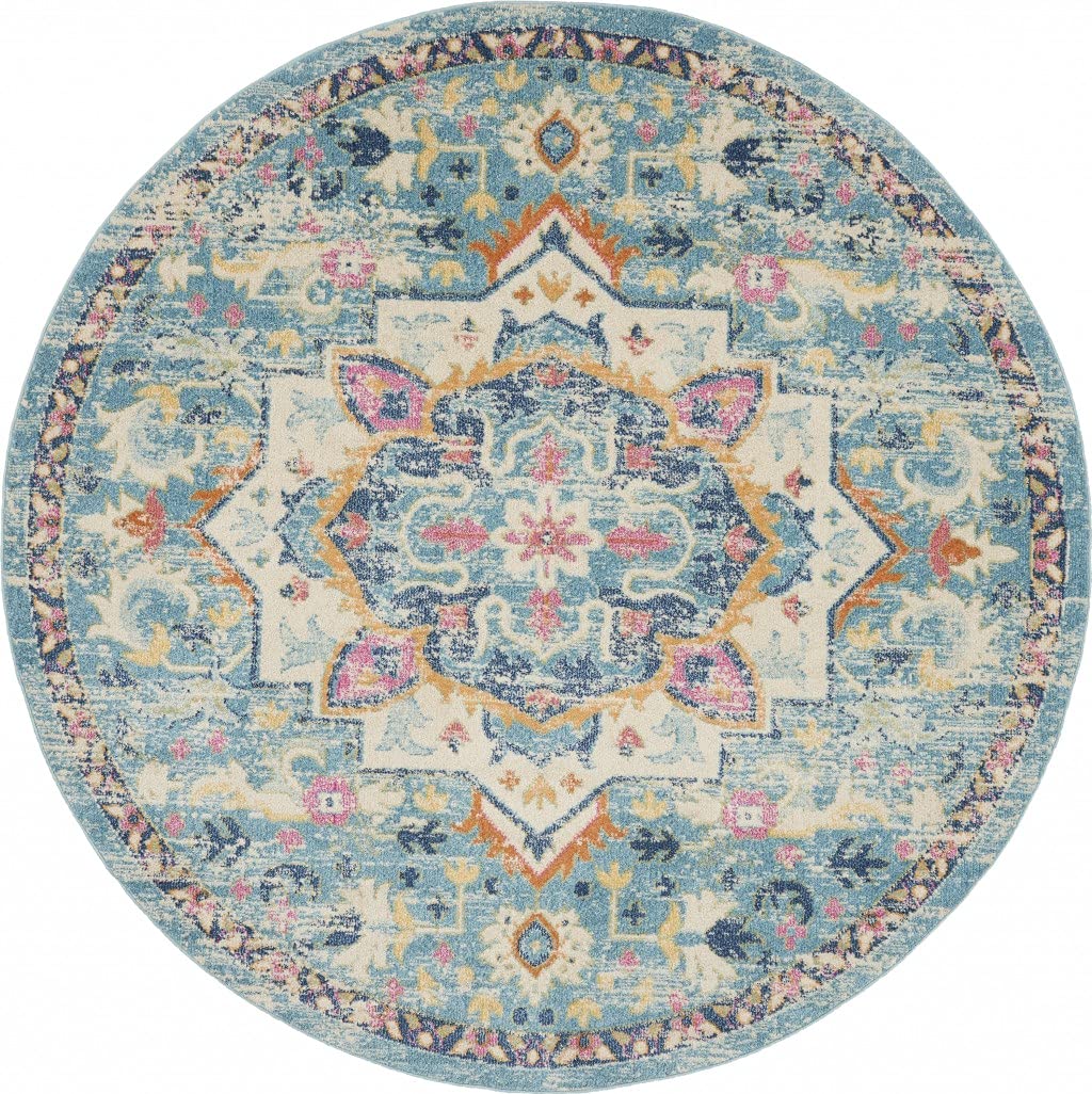HomeRoots Ivory/Light Blue 100% Polypropylene 8’ Round Light Blue and Ivory Distressed Area Rug