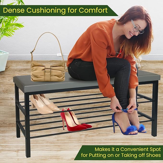 Entryway Shoe Storage Bench with Cushioned Seat, 3-Tier Shelf, Black Steel