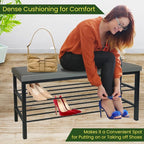 Entryway Shoe Storage Bench with Cushioned Seat, 3-Tier Shelf, Black Steel