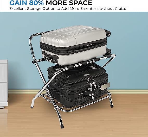 2-Tier Folding Luggage Rack with High Back, Rubber Feet, Black Alloy Steel