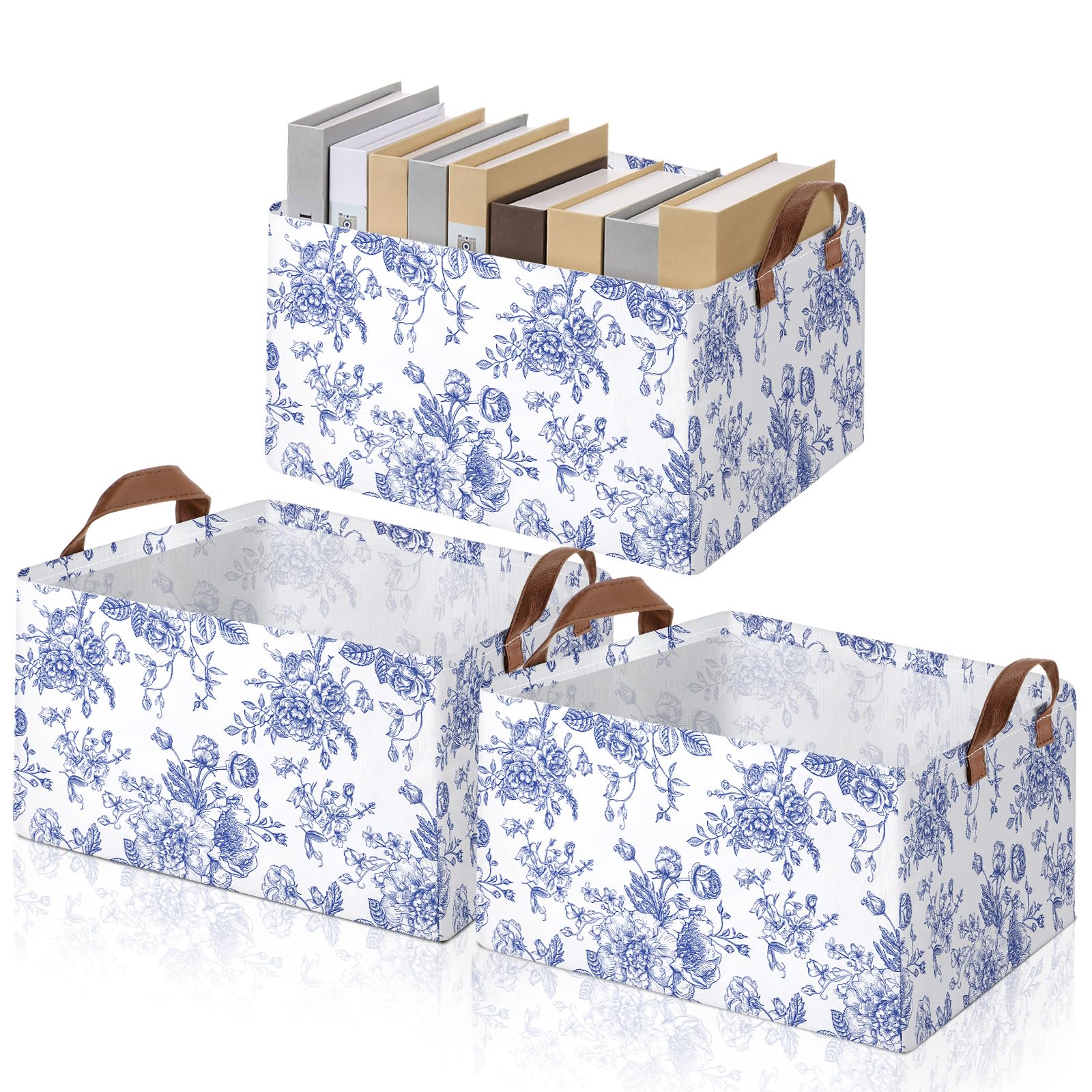Boao 3 Pcs Blue Floral Storage Bin Wildflowers Collapsible Large Storage Baskets for Gifts Canvas Laundry Basket Foldable Box wi