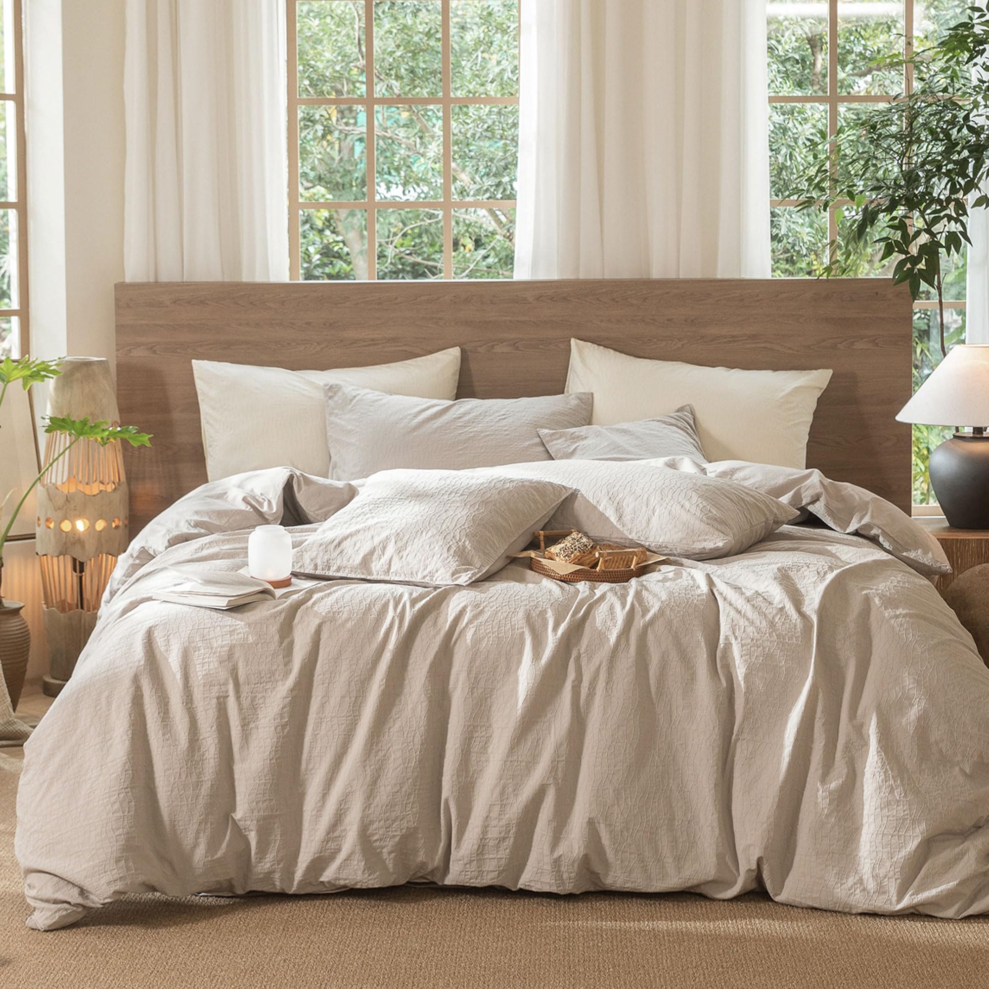 MooMee Wavy Striped Duvet Cover Set 100% Washed Cotton Linen Like Textured Breathable Durable Soft Comfy (Beige, Full 80x90)