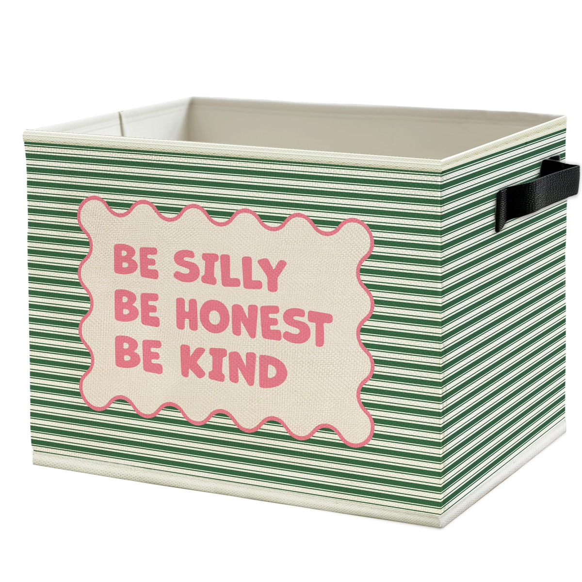 WULQYING Inspirational Nursery Storage Bins Box with Handles, Be Silly Honest Kind Motivational Pink and Green Striped Collapsib