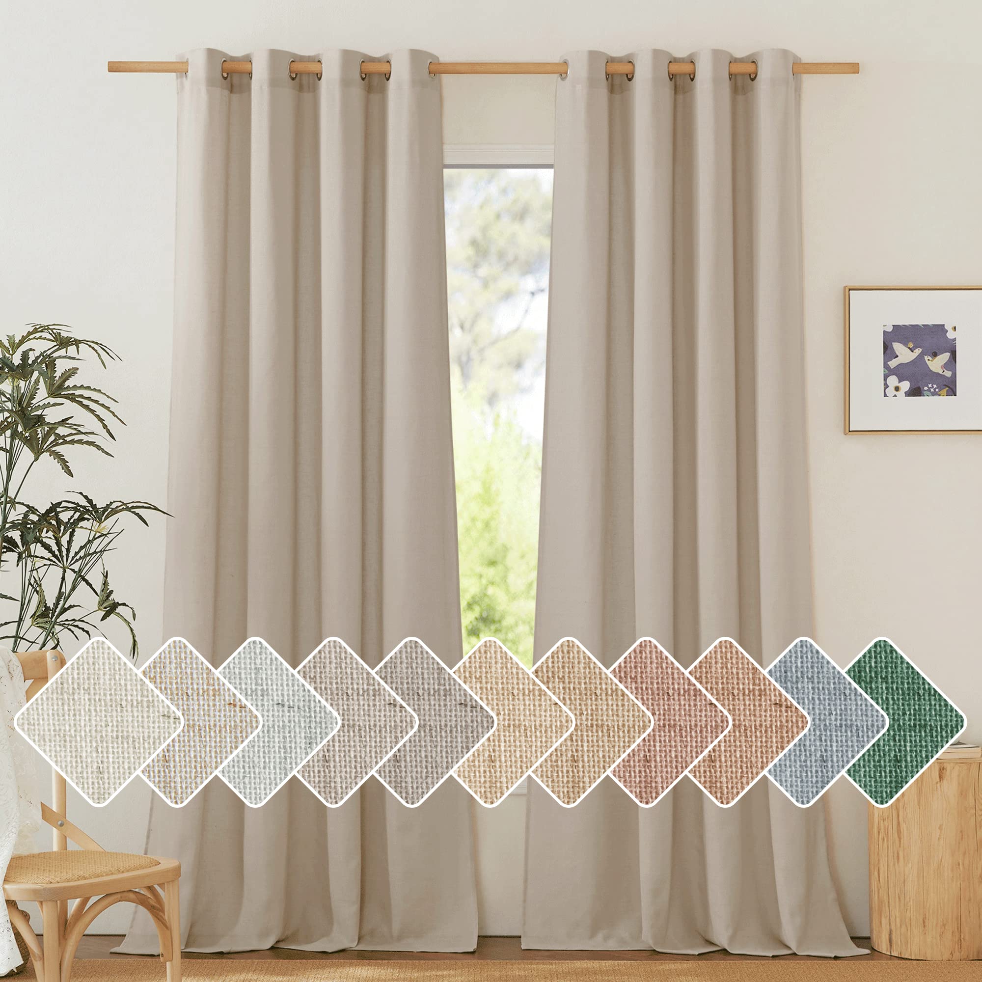 Nicetown Thick Flax Linen Curtains 96 Inch Long, Grommet Semi Sheer Window Treatments Privacy Added With Light Filtering Drapes For Bedroom/Living Room, Taupe, W55 X L96, 2 Panels