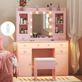 HUANLEGO Vanity Desk with Mirror and Lights, Pink Vanity Mirror with Lights Desk and Chair &7 Drawers, Cabinets Makeup Vanity Ta