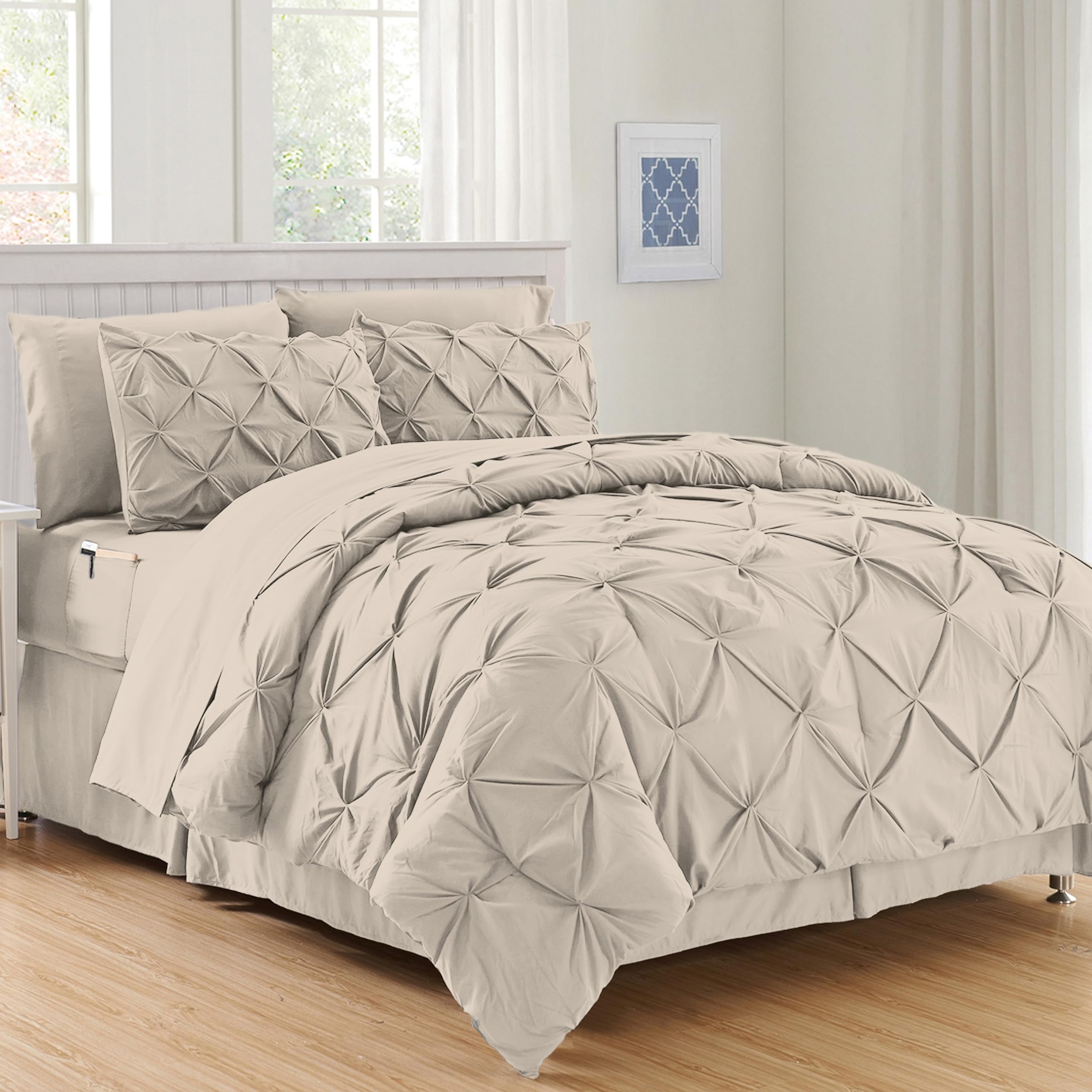 Elegant Comfort Luxury Softest, Coziest 8-Piece Bed-In-A-Bag Comforter Set - Silky Soft Complete Set Includes Bed Sheet Set With Double Sided Storage Pockets, Full/Queen, Linen