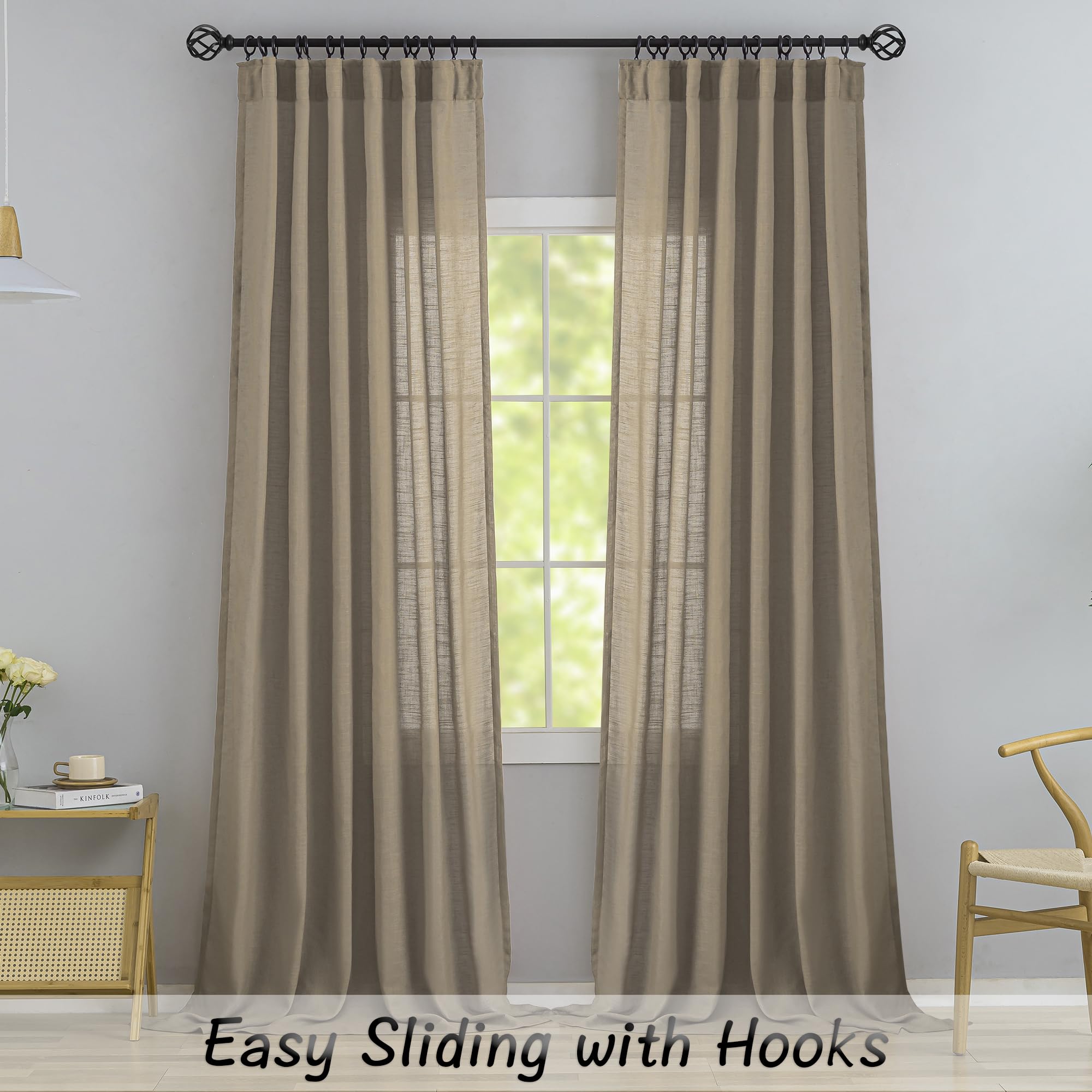 Donren Retro Linen Blend Back Tab Curtains 90 Inches Long,2 Panels Set For Living Room Hook Belt Loops Pocket Sack Draperies Light Filtering Semi Transparent Window Curtains For Bedroom,Taupe,52'Wide