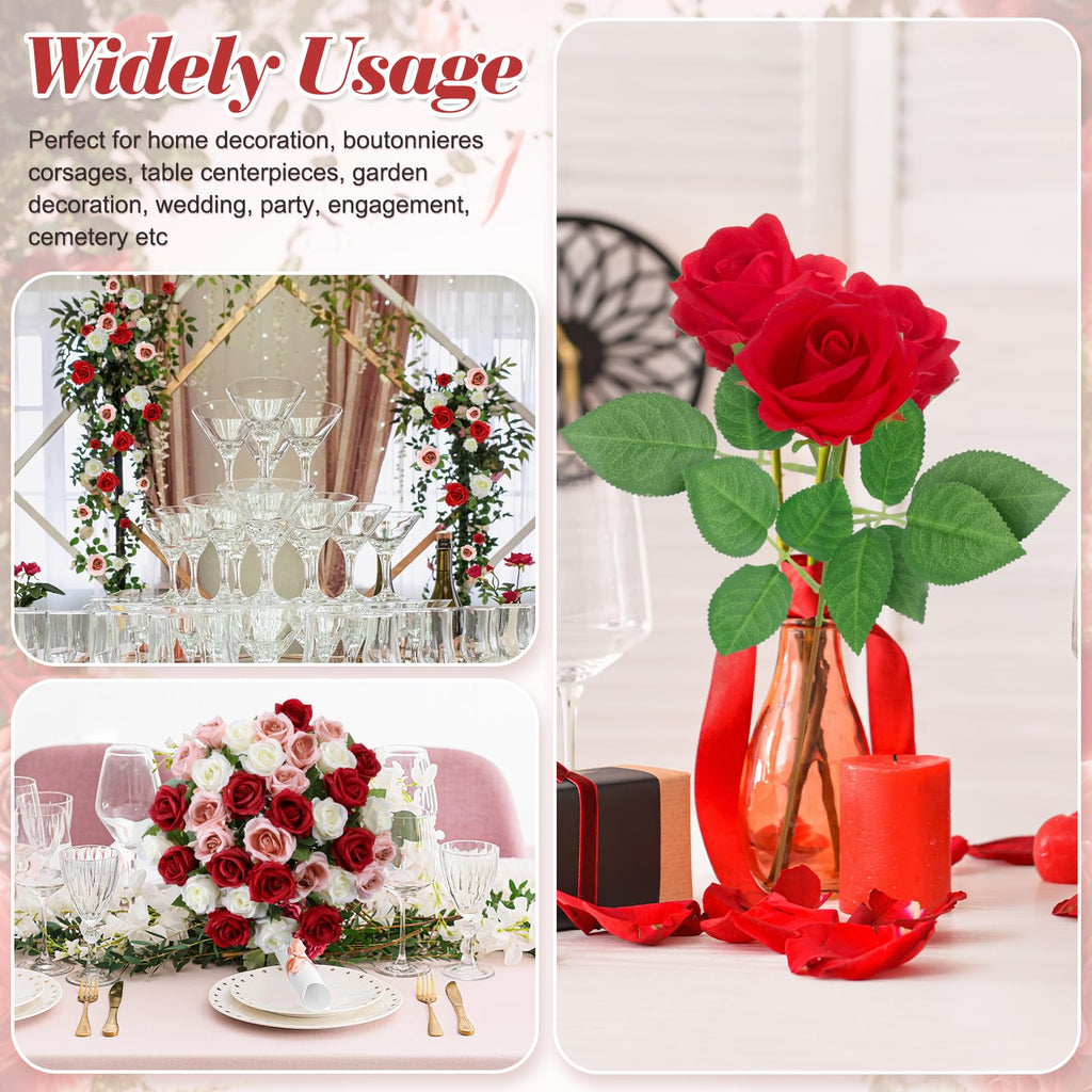 Hoemwarm 36 Pcs Red White Pink Artificial Roses With Long Stems, Fake Silk Rose Artificial Flowers Bulk For Bridal Wedding Bouqu