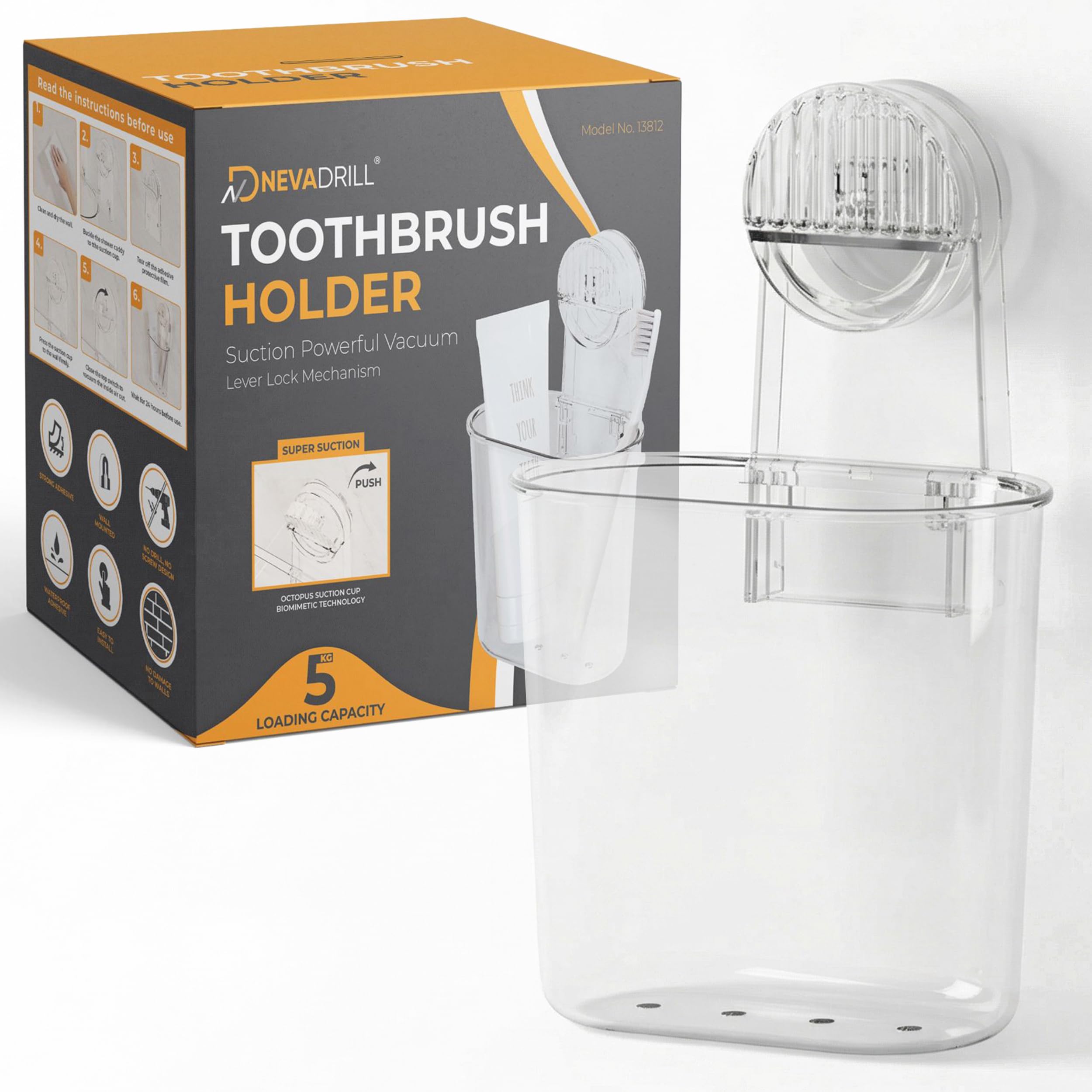 Nevadrill Wall Mounted Toothbrush Holder With Vacuum Suction Lever Lock, No Drill Bathroom Organizer For Toothbrush, Toothpaste 