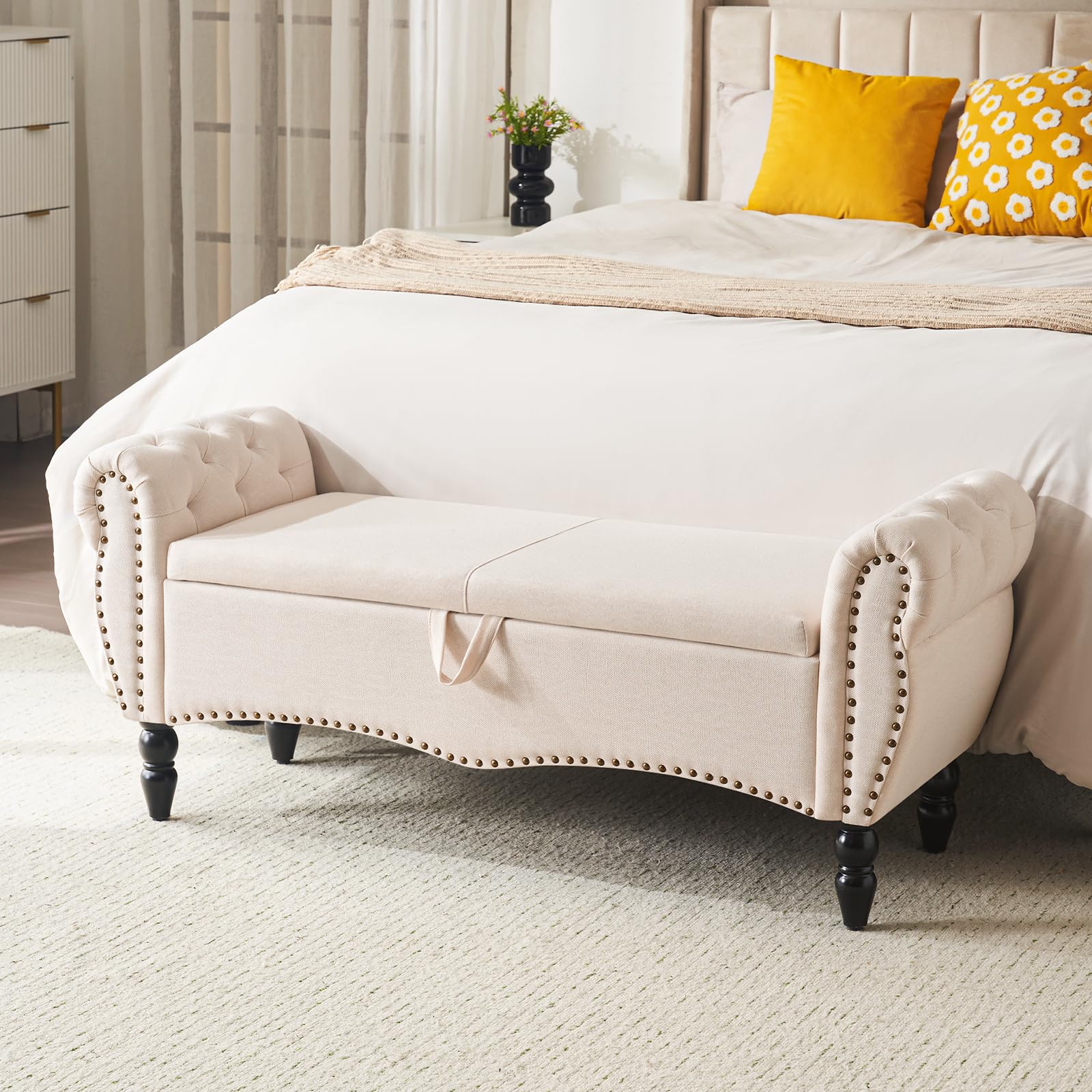 Furniliving Storage Ottoman Bench for Bedroom, Upholstered End of Bed Bench with Solid Wood Legs Modern Shoe Storage Bench Indoo