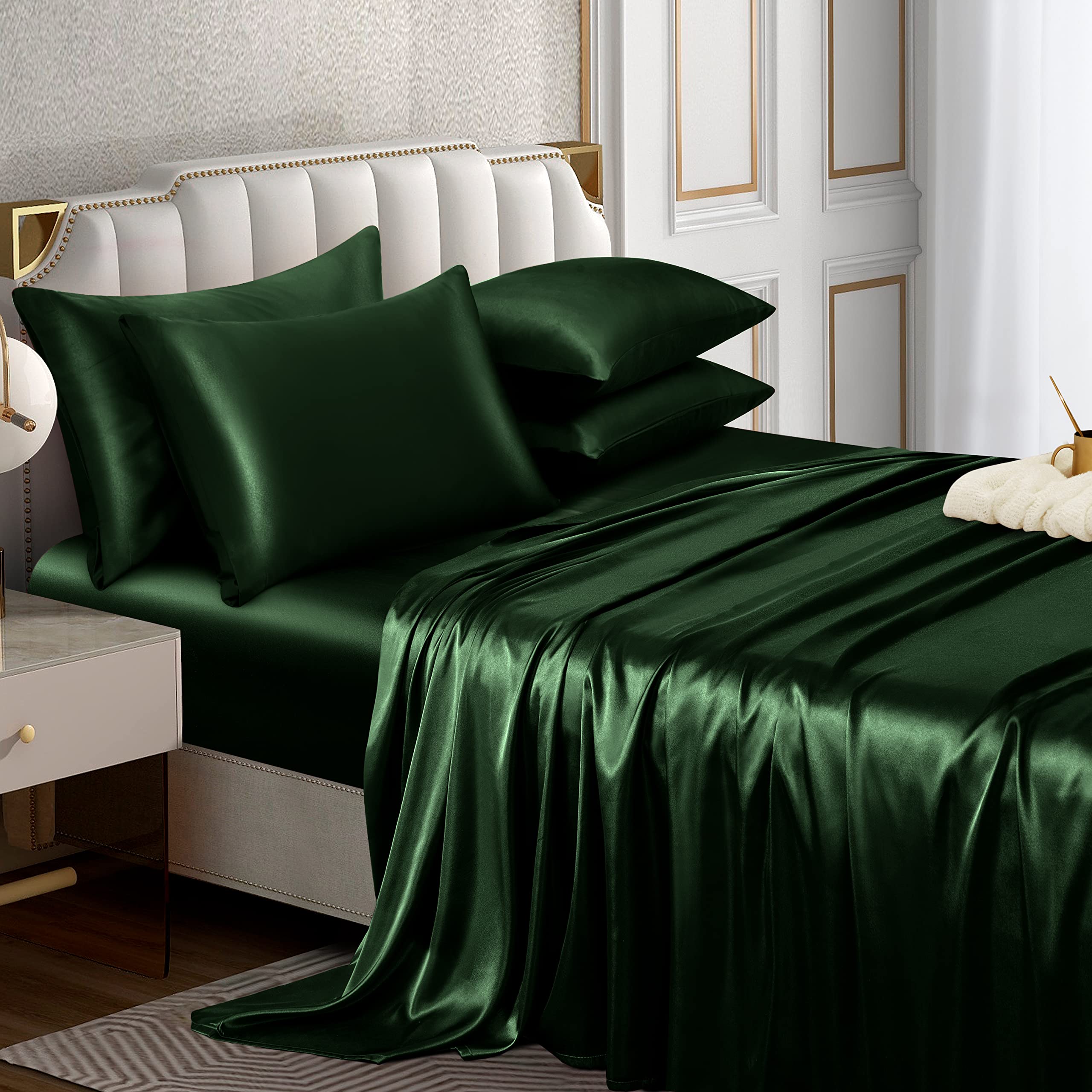 Horbaunal 6 Piece Satin Sheet Set King Size Luxury Silky & Soft Emerald Green Satin King Bed Sheet Set With 16' Deep Pocket, 1