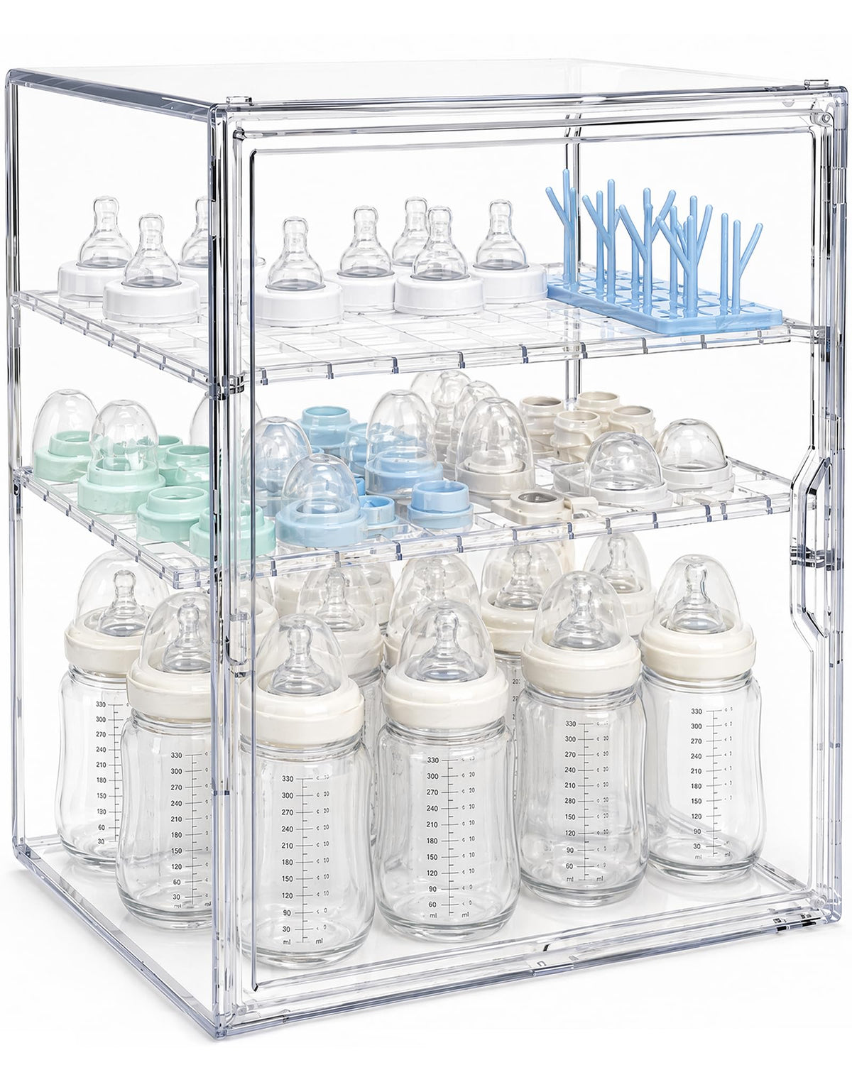 buywoo Baby Bottle Storage Organizer for Countertop & Cabinet, 3Tier Clear Acrylic Bottles Storage Container Station with 2 Adj