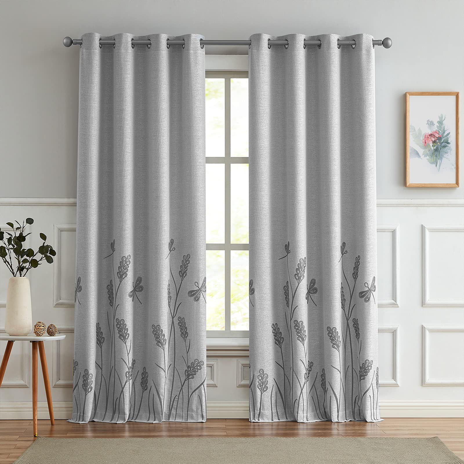 Melodieux Wheat Embroidery Linen Wide Curtains for Living Room Patio Door Large Window Grommet Drape Farmhouse Style, Grey Wheat