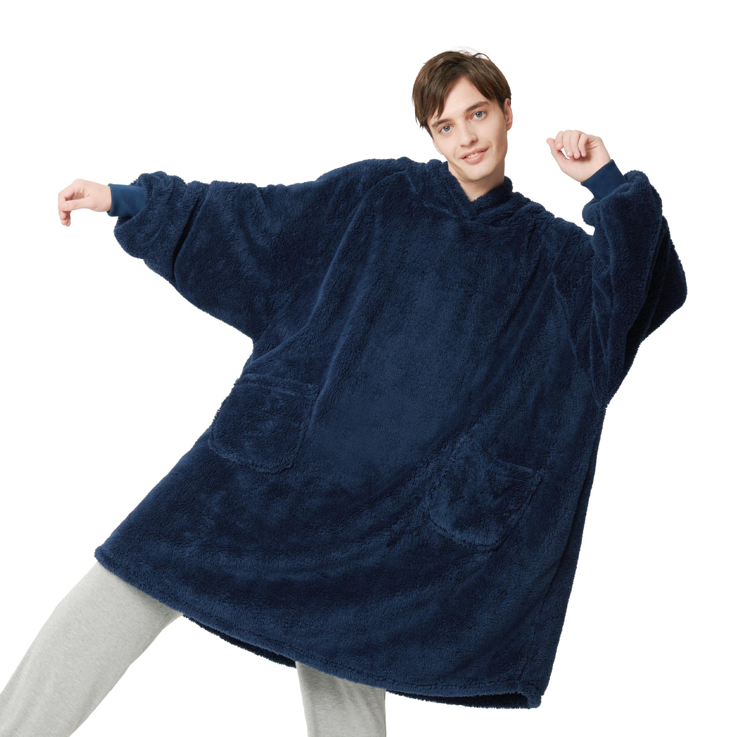 Bedsure Wearable Blanket Hoodie Gifts For Women - Cozy Sherpa Hoodie Blanket For Adult Men, Warm Hooded Blanket Sweatshirt, Navy