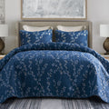 Exclusivo Mezcla Reversible Floral Quilt Set King Size, 3 Piece Soft Lightweight Flower Pattern Printed Navy Bedspreads Coverlet