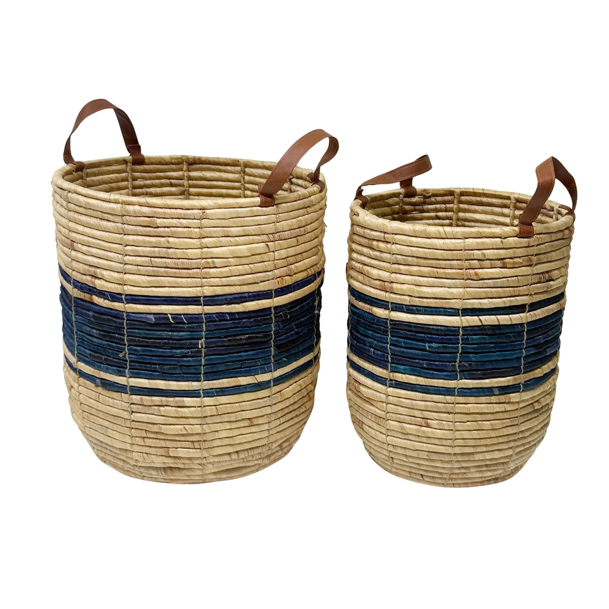 Stow & Bloom Navy Stripe Round Tall Woven Basket with Designer Strap Handles Set of 2  Water Hyacinth Storage Bin Laundry Coast