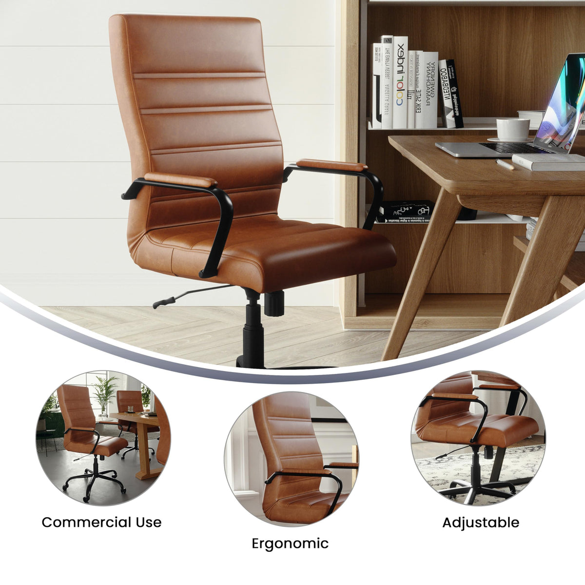 Flash Furniture Whitney High-Back Swivel LeatherSoft Desk Chair with Padded Seat and Armrests, Adjustable Height Padded LeatherSoft Office Chair, Brown/Black Gold